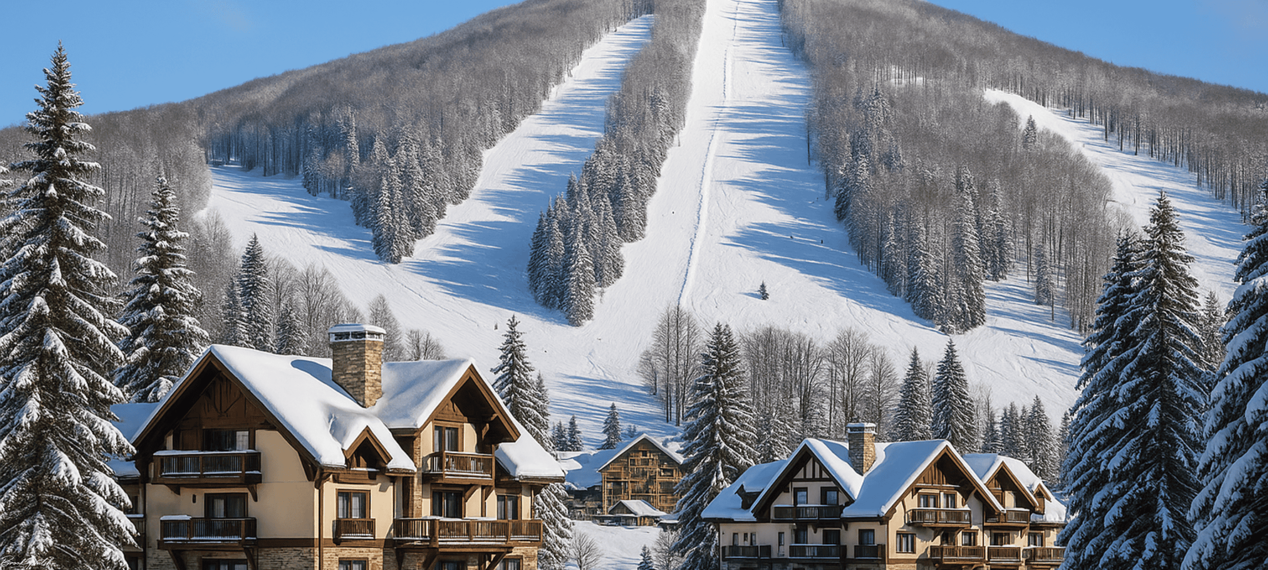 Aerial view of Edelweiss Club lodges at the base of Boyne Mountain Resort with snow-covered pines