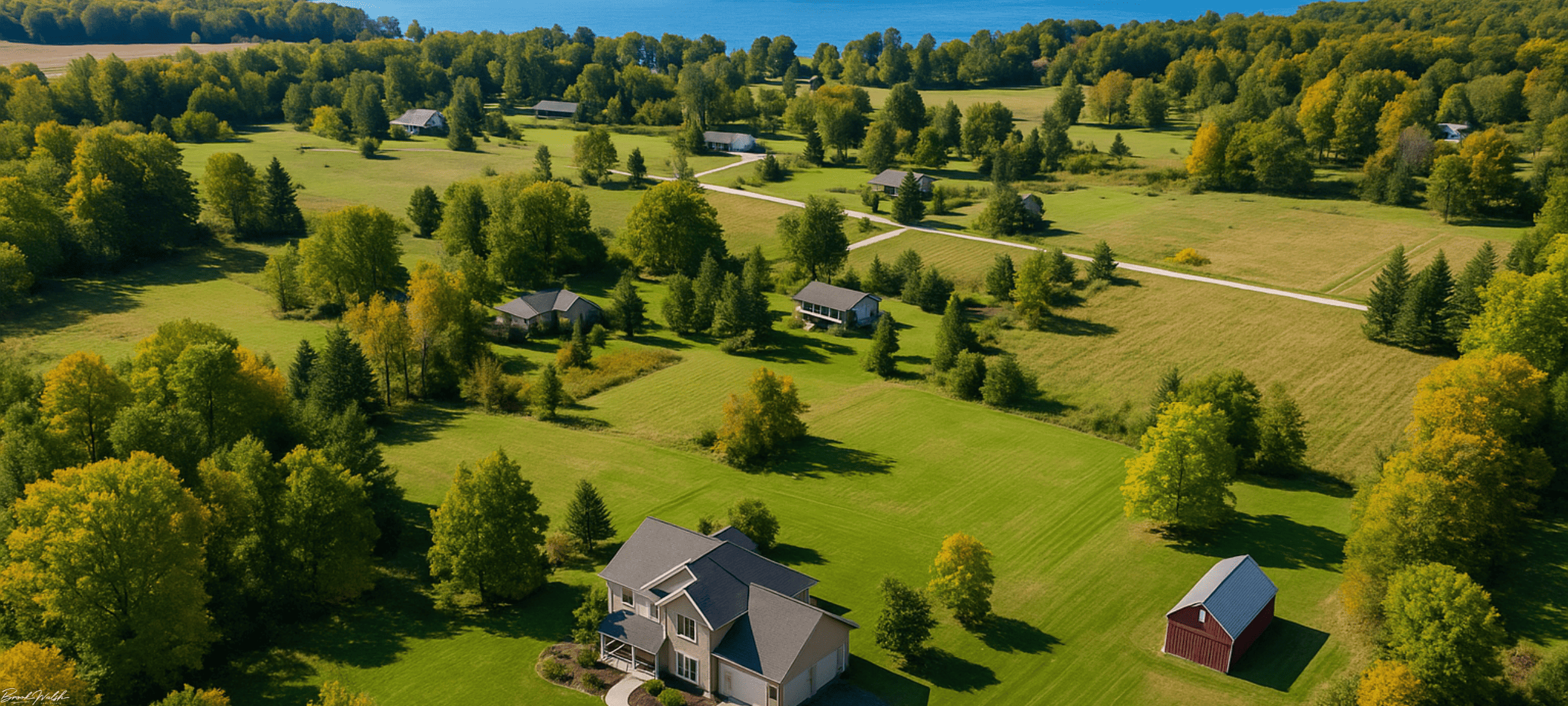 Aerial view of land lover homes in Elk Rapids, Michigan
