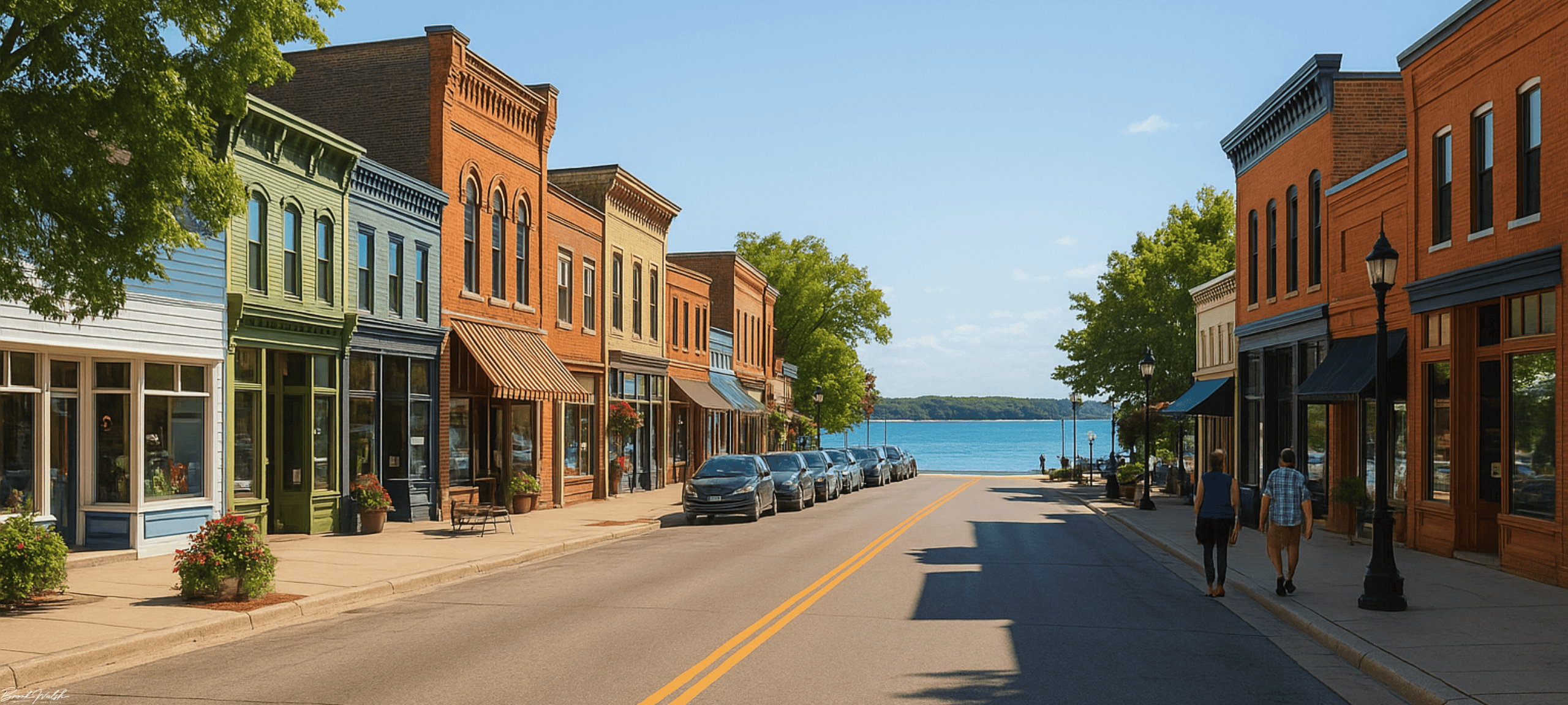 Downtown Elk Rapids, Michigan commercial storefronts along a bustling street with water view