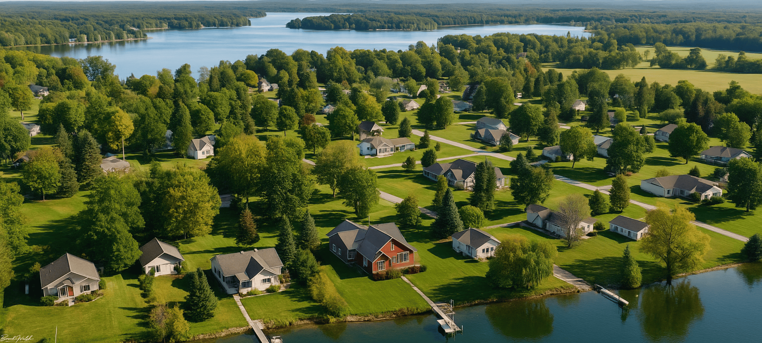 Aerial view of lakefront homes in Ellsworth, Michigan