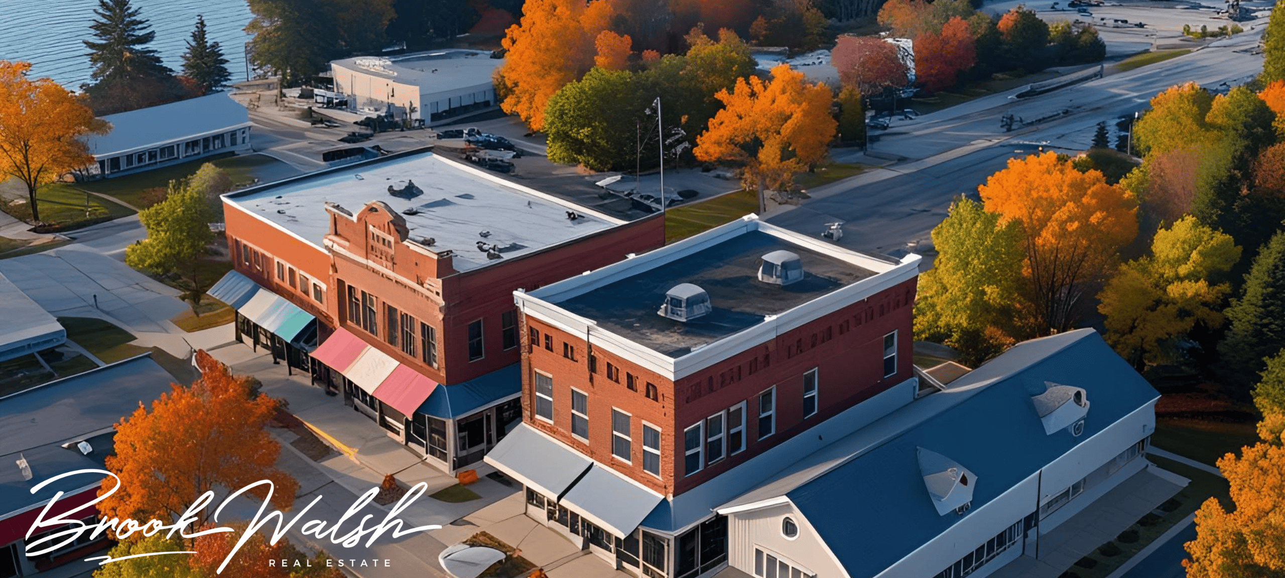 Aerial view of Empire, MI with commercial buildings