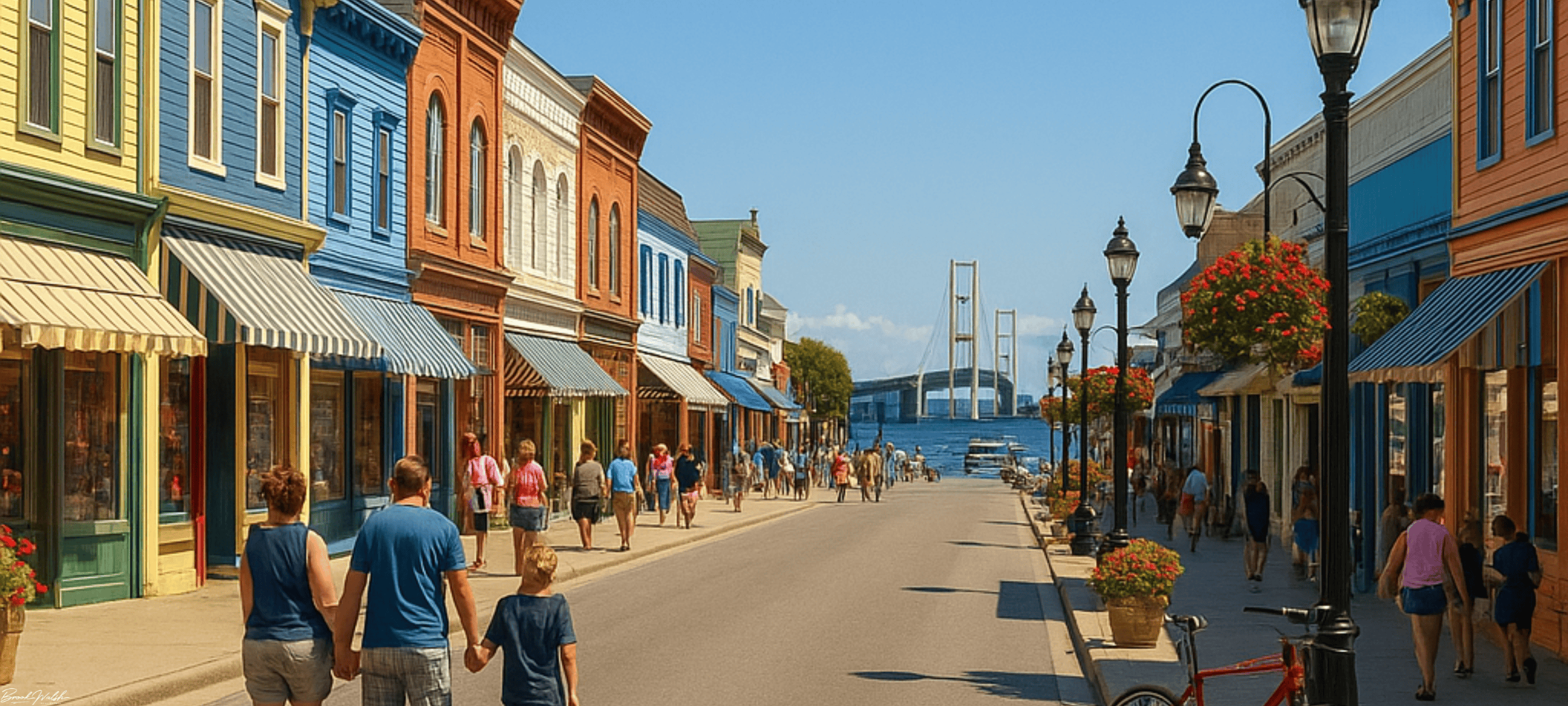 Scenic view of Downtown Mackinaw City with historic sites, shops, and Lake Huron in the background.