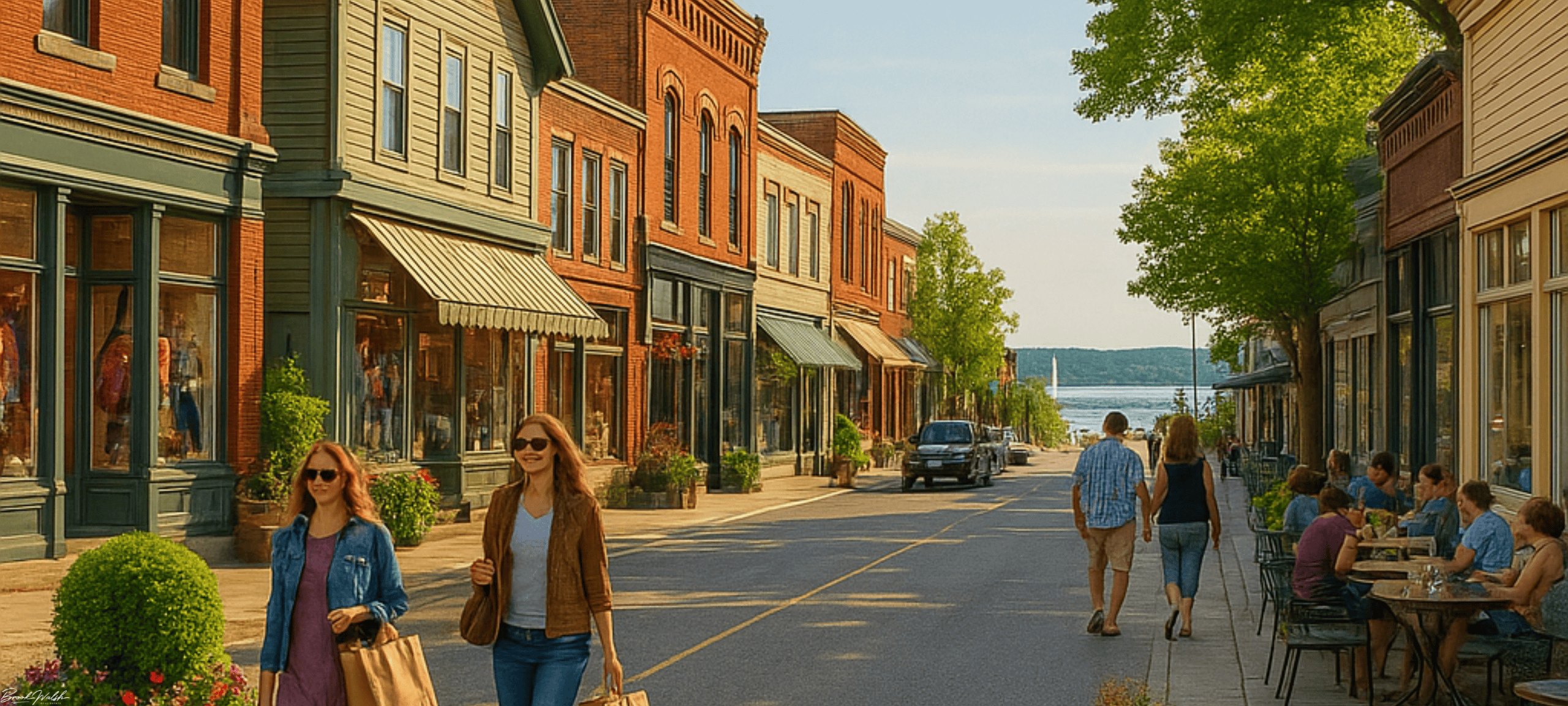 Charming view of Downtown Suttons Bay waterfront, shops, and marina activities