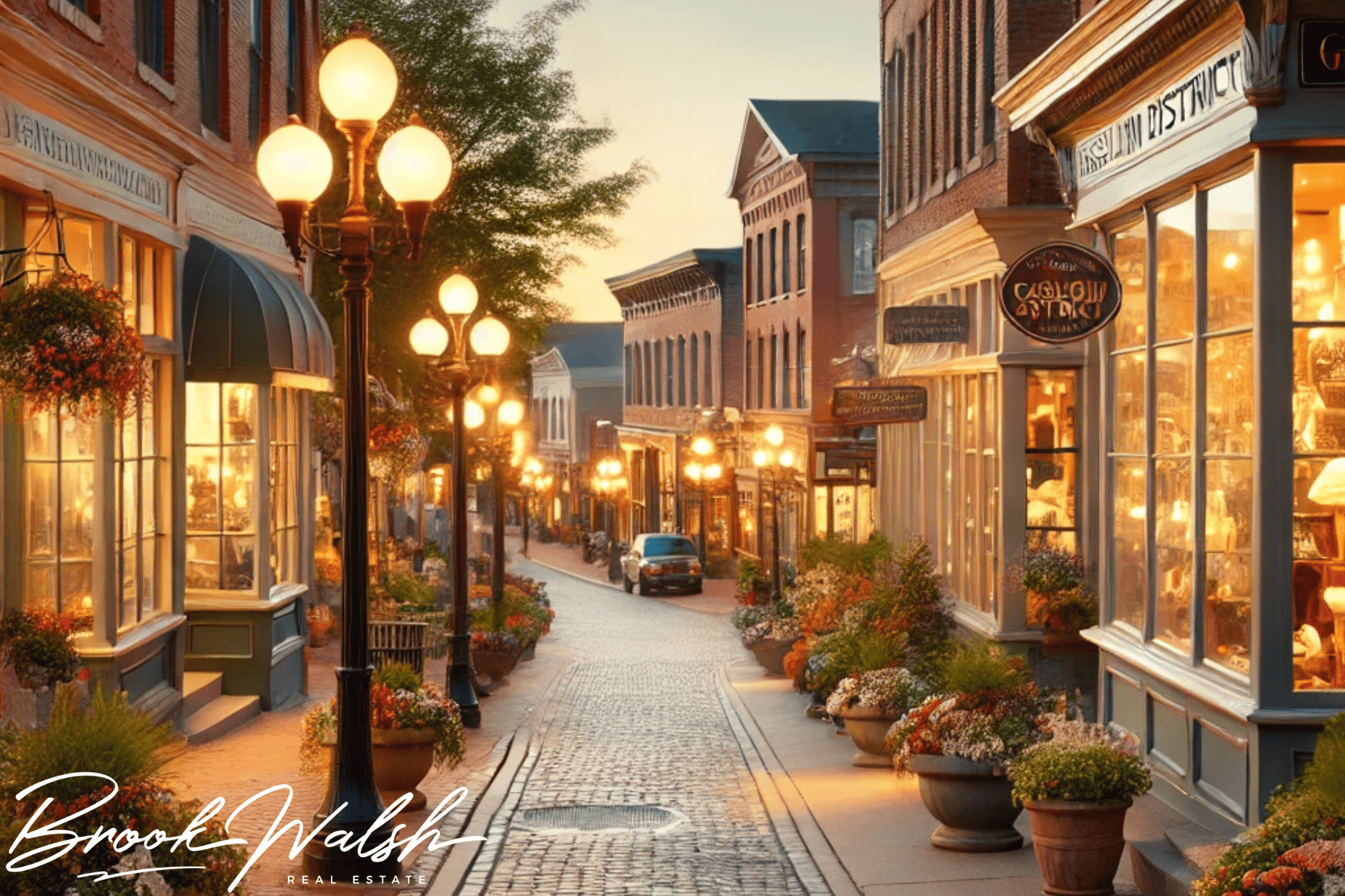 Historic Petoskey Gaslight District with shops and lamplights
