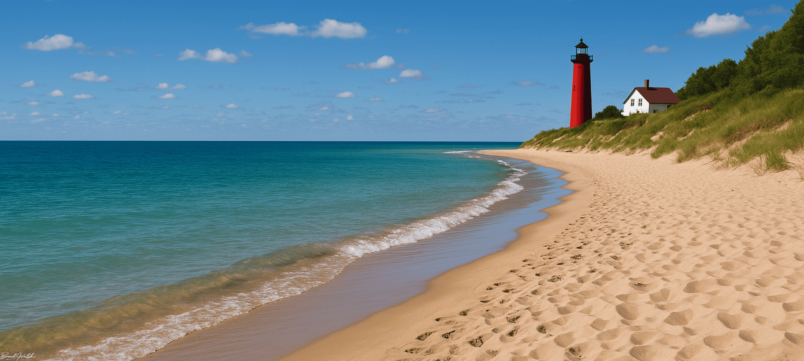 Scenic view of Lake Michigan with beach and lighthouse