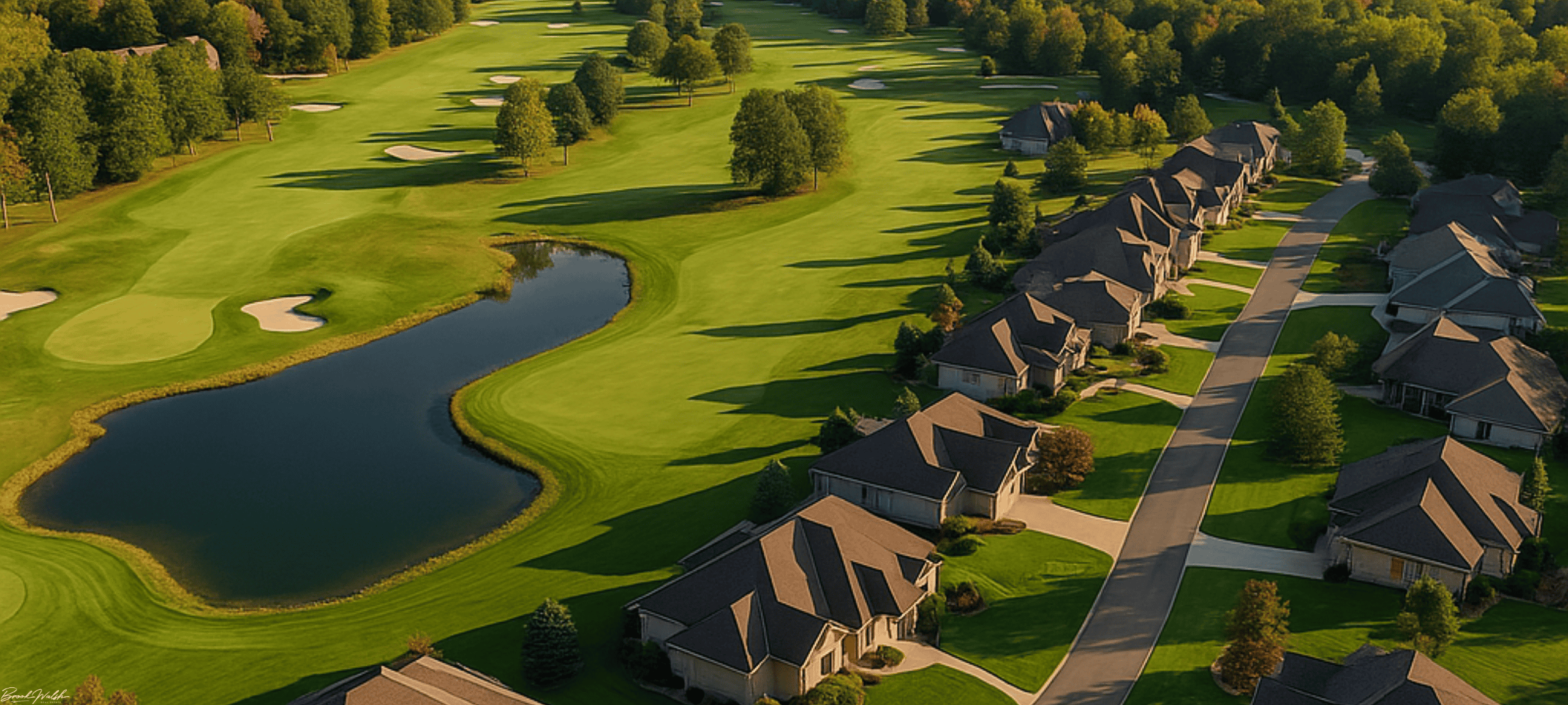Aerial view of Gaylord, MI country club homes surrounded by golf course greens