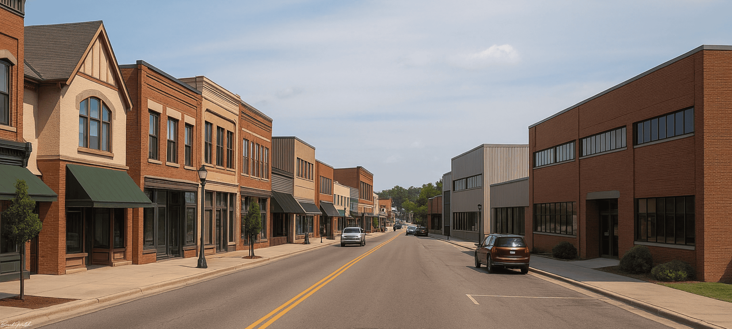 Downtown Gaylord, Michigan commercial street with office, retail and industrial buildings