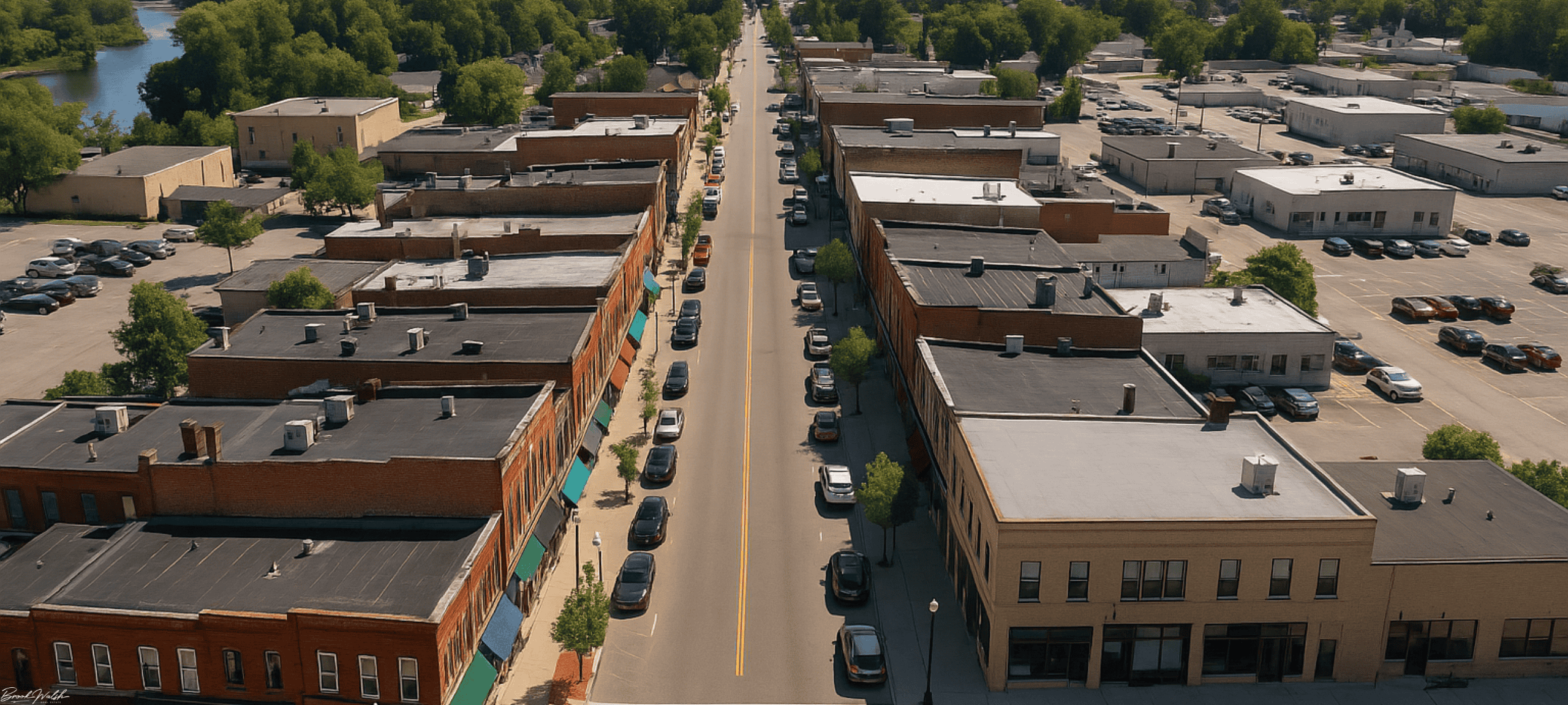 Aerial view of downtown Grayling, Michigan commercial district with retail and office buildings.