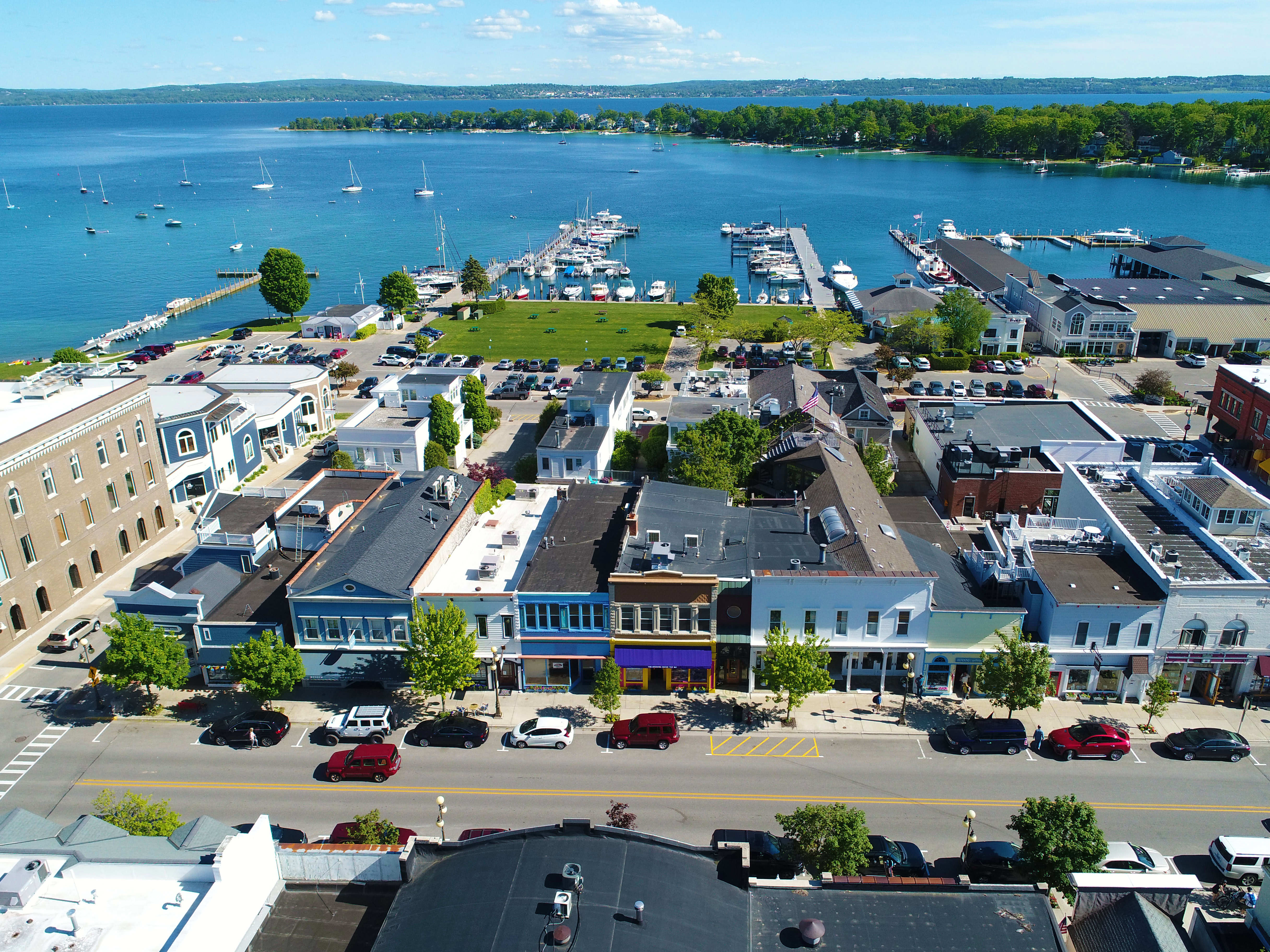 Scenic view of Harbor Springs, Michigan with waterfront and charming downtown.