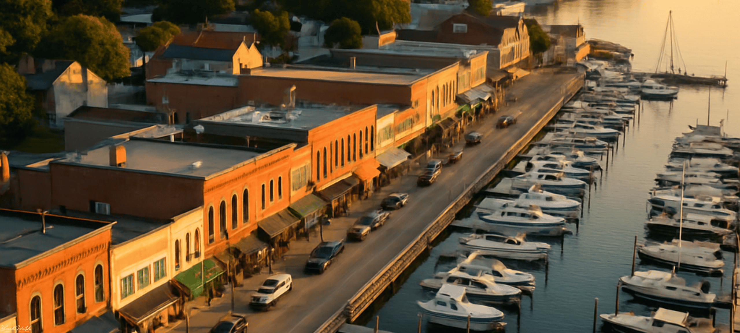 Aerial view of Harbor Springs downtown highlighting commercial real estate buildings