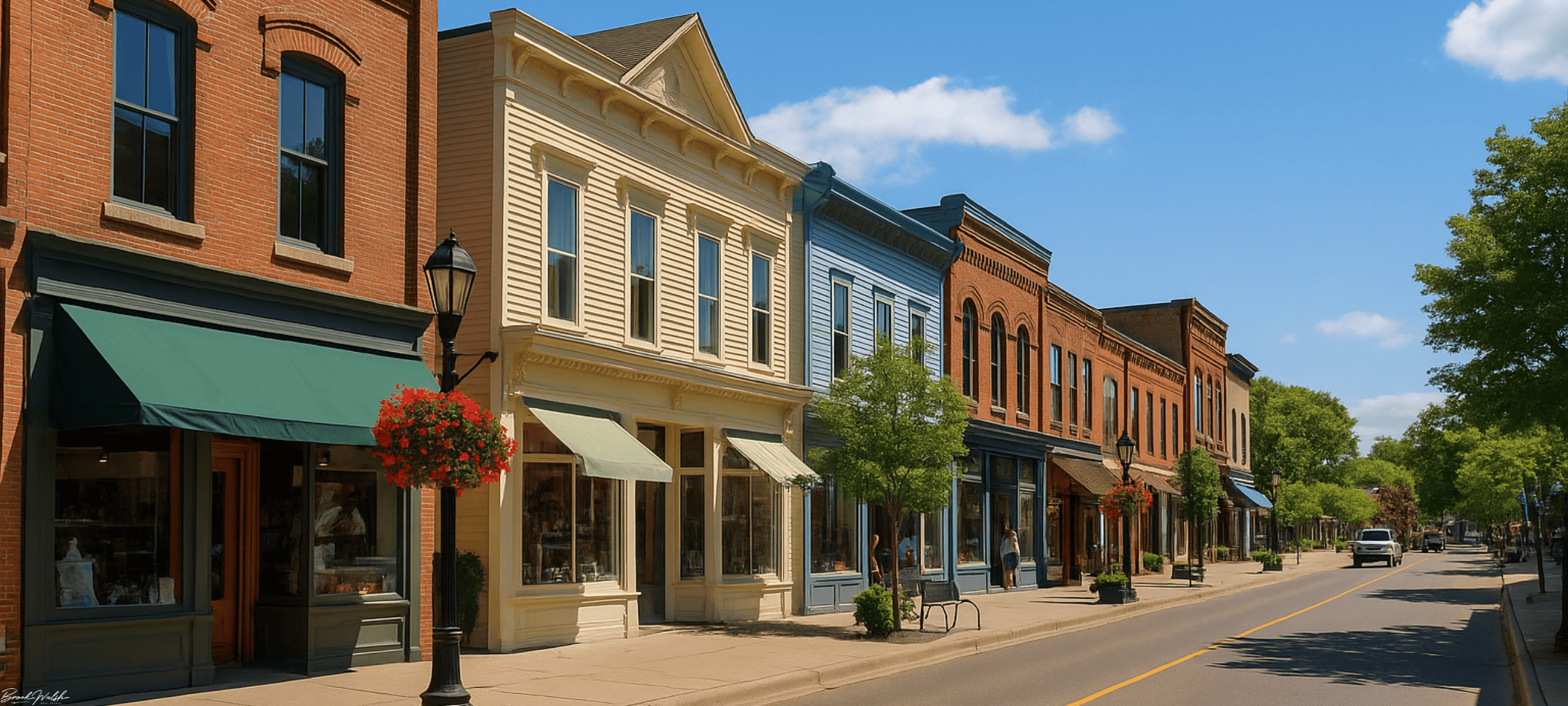 Commercial storefronts and historic buildings in downtown Harbor Springs, Michigan, on a sunny day