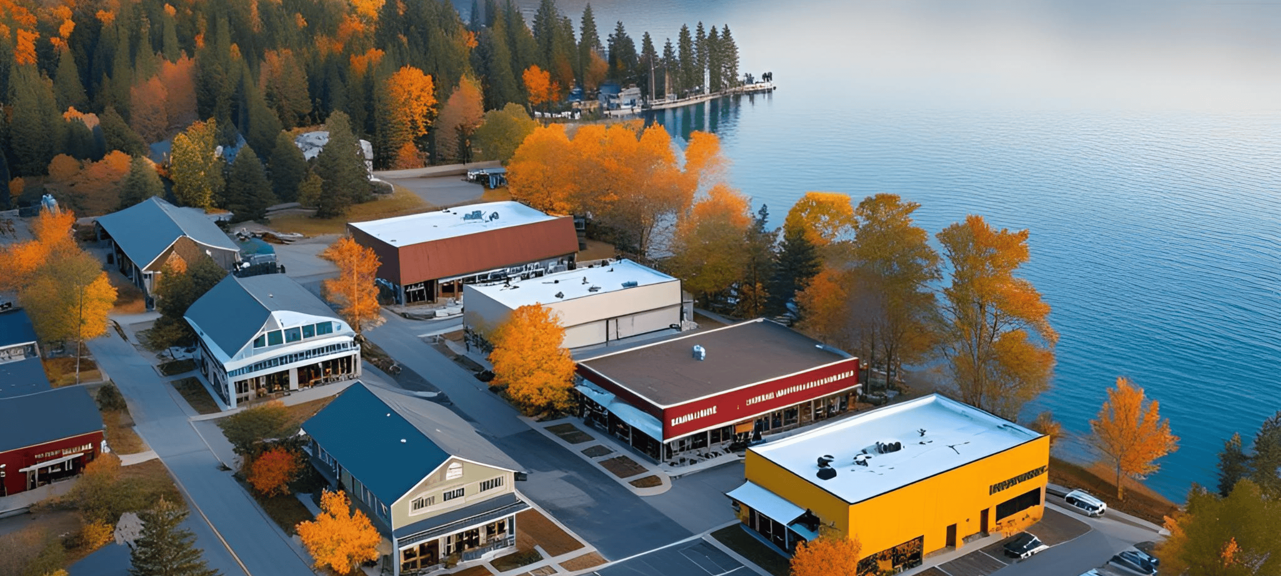 Aerial view of Houghton Lake commercial district buildings