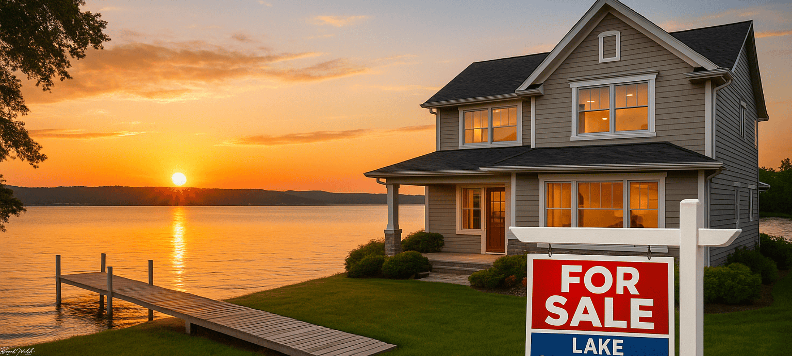 Lake Charlevoix waterfront home with dock and scenic sunset view for sale