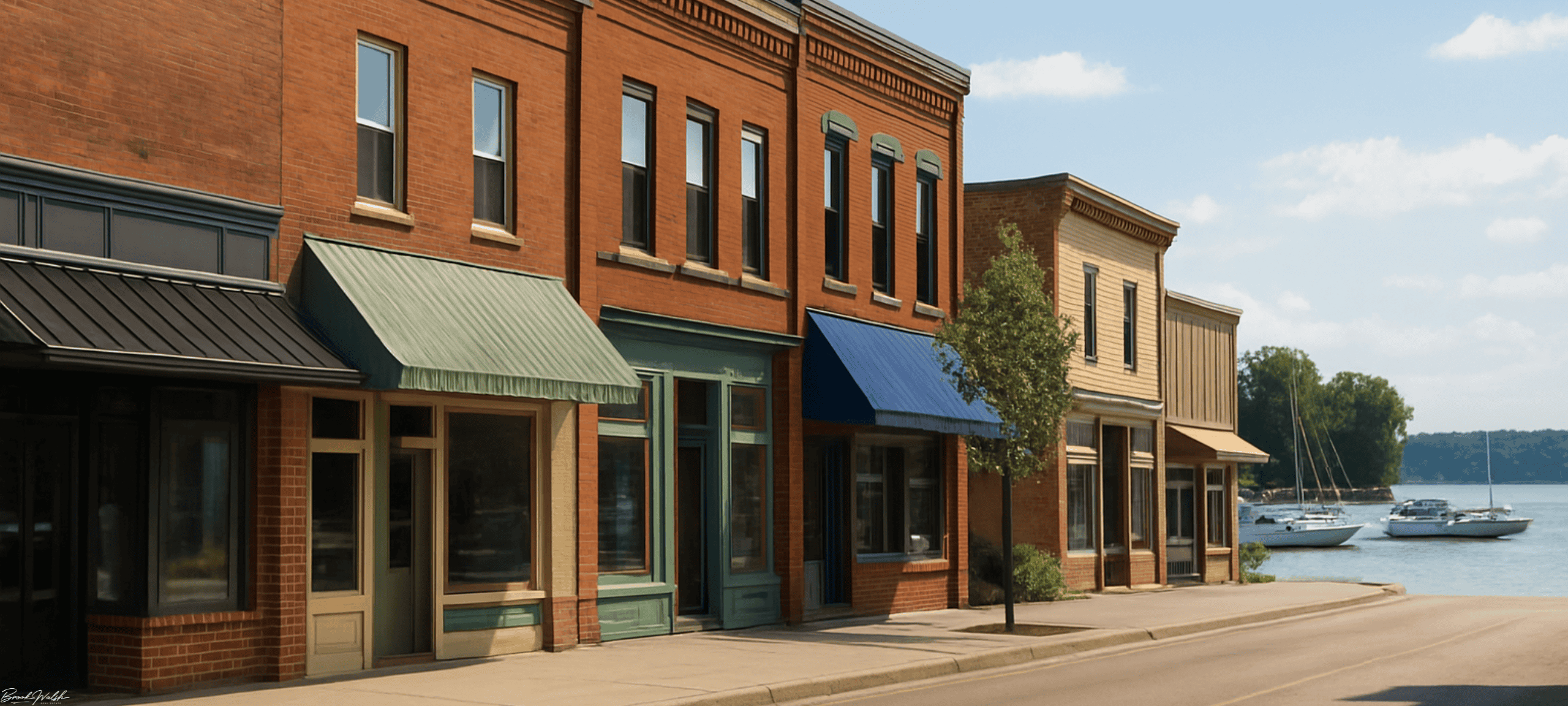 Downtown Indian River, MI commercial storefronts with boats on Burt Lake in the background