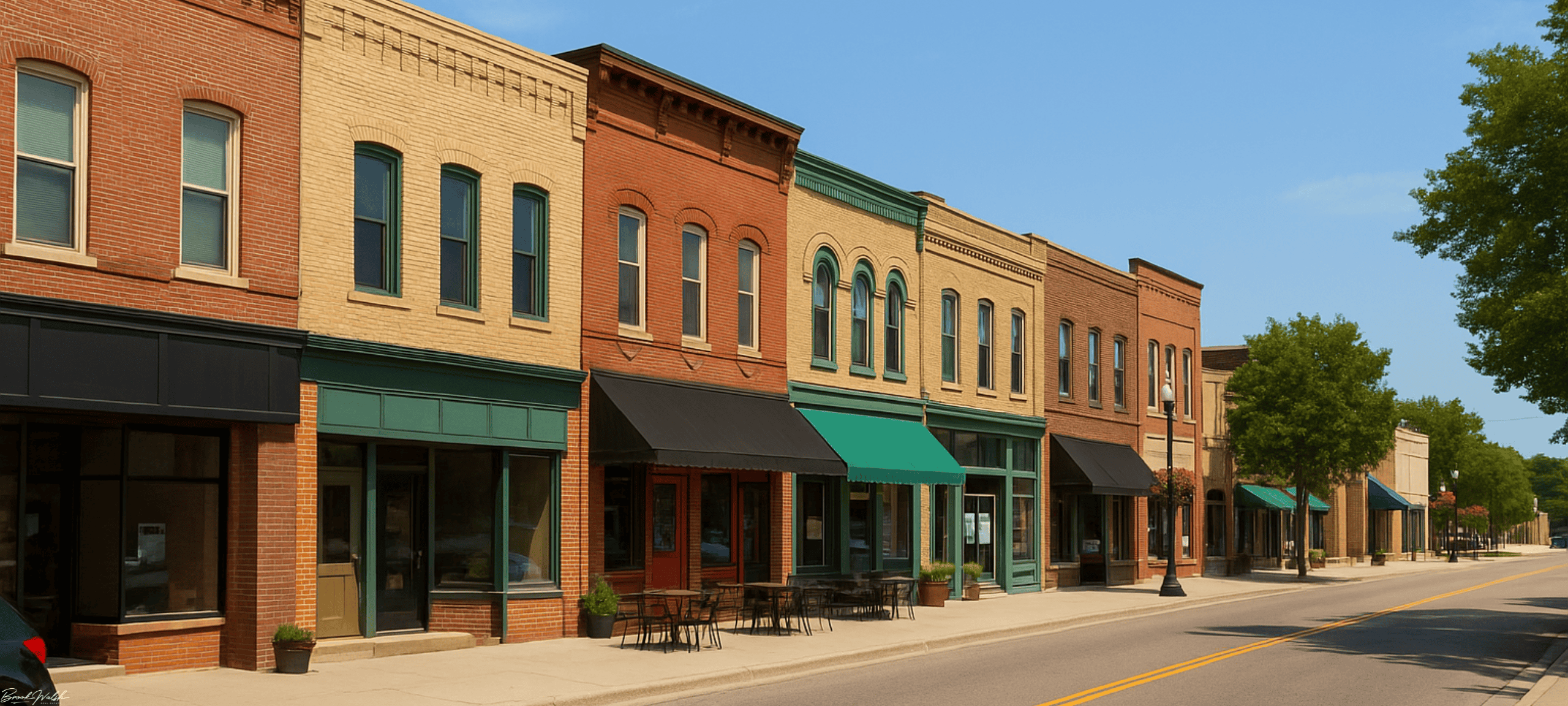 Downtown Kalkaska commercial storefronts on a sunny day showcasing historic buildings and local businesses
