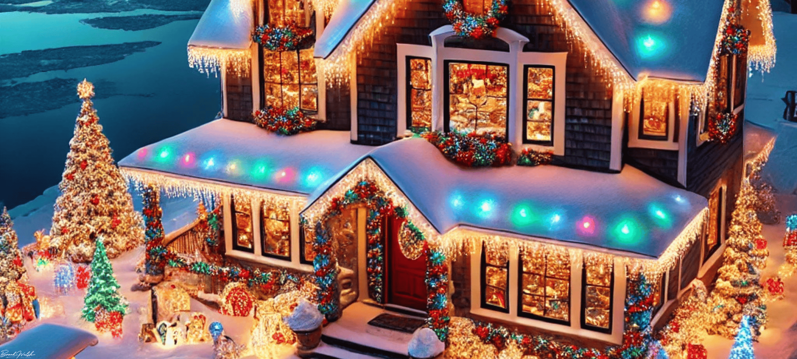 Lake Charlevoix Christmas House decorated with festive lights