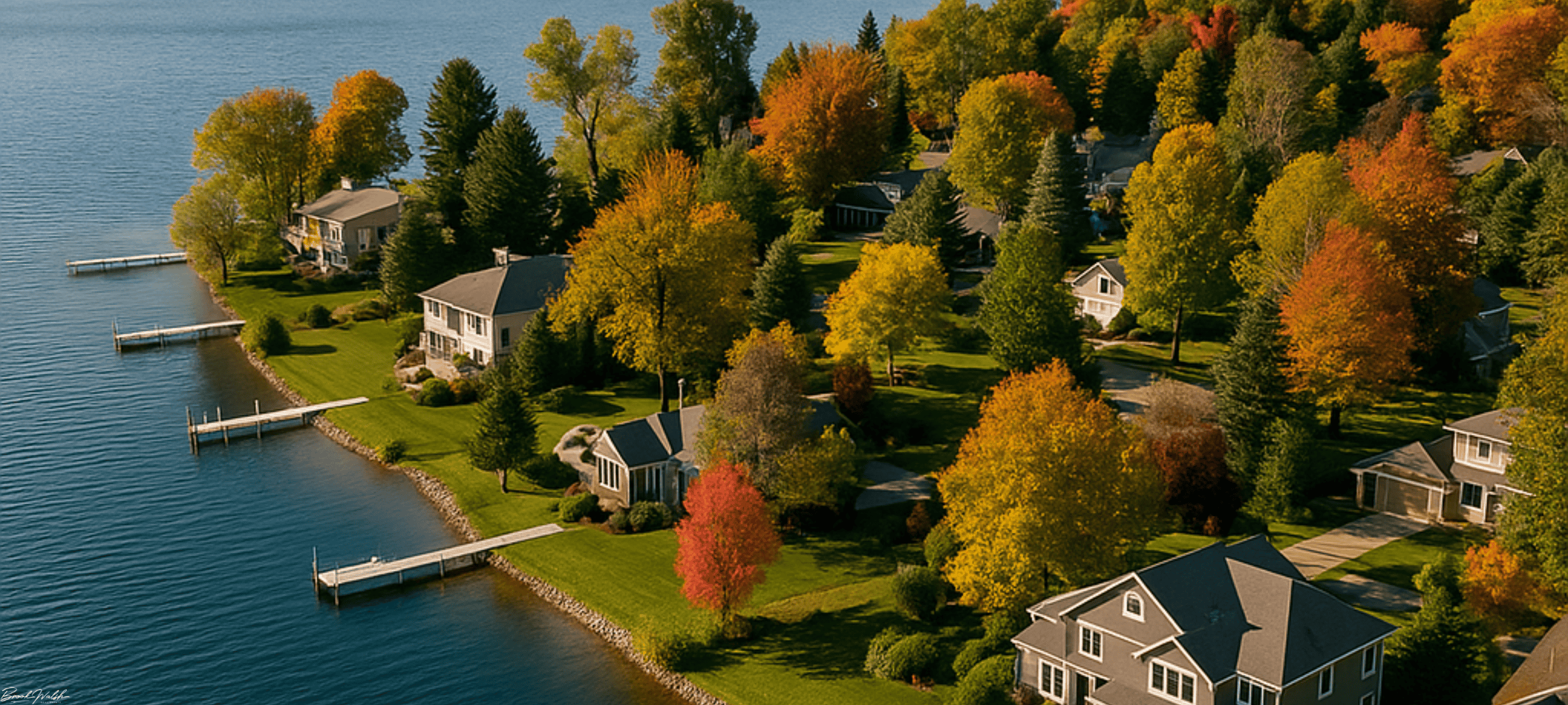 Aerial view of Lake Leelanau waterfront homes