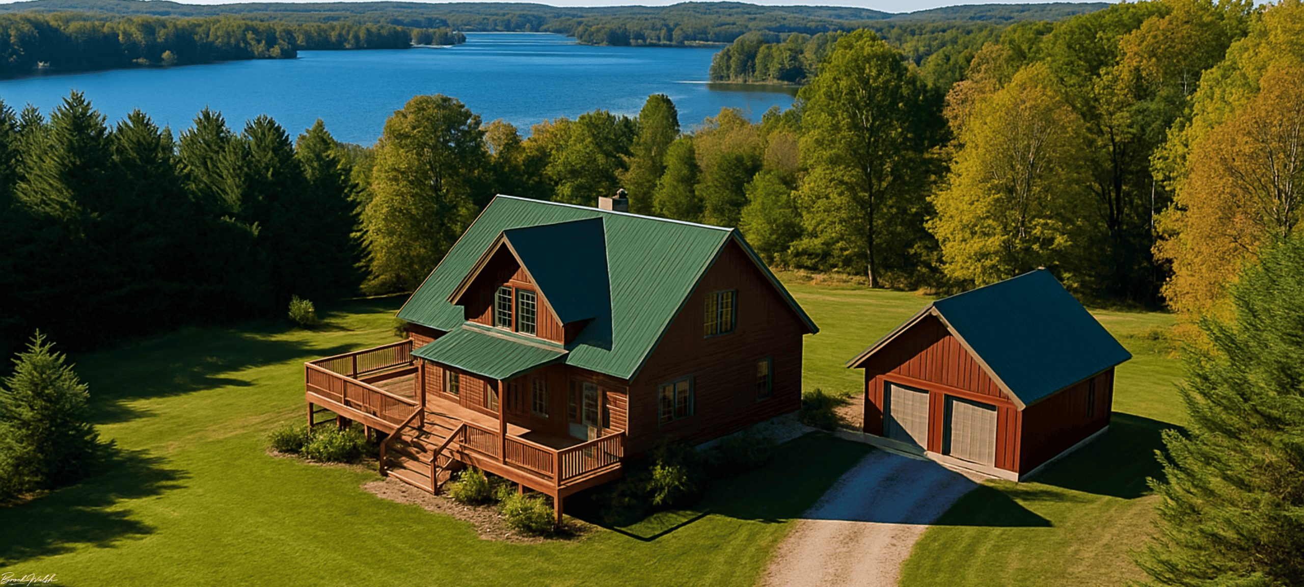 Aerial view of land lover home near Lake Leelanau, MI