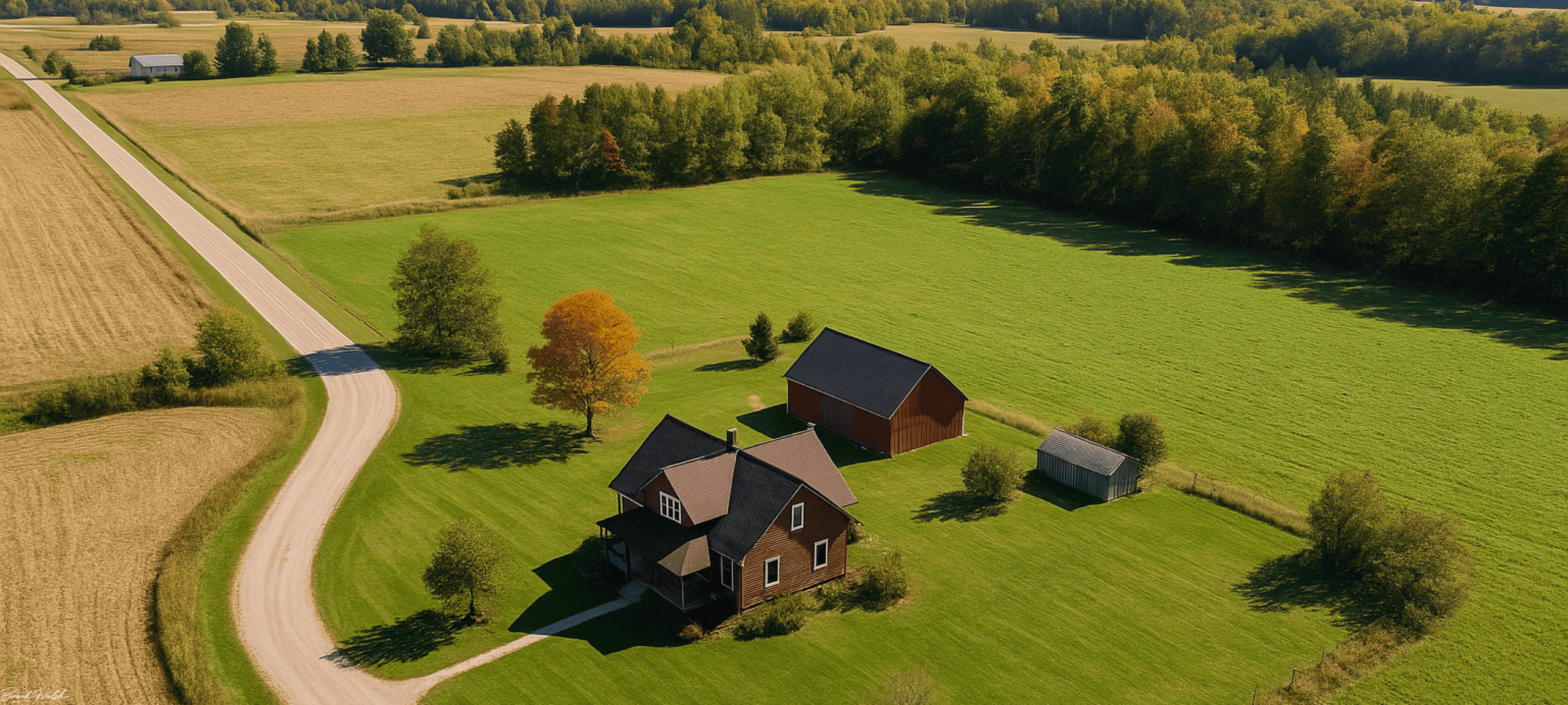 Aerial view of a rural home with open land in Levering, MI perfect for nature lovers