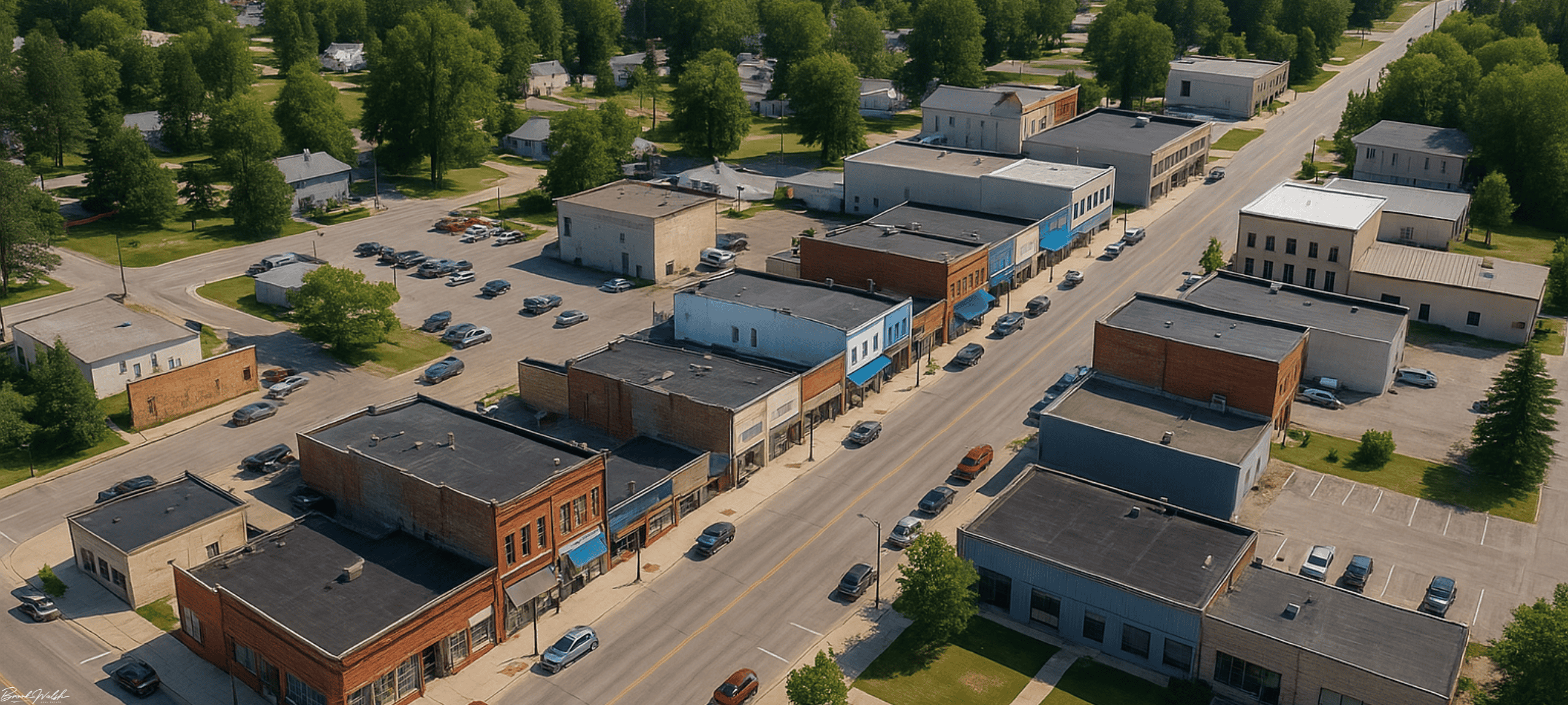 Aerial view of Lewiston, Michigan downtown district showcasing commercial storefronts and office buildings.