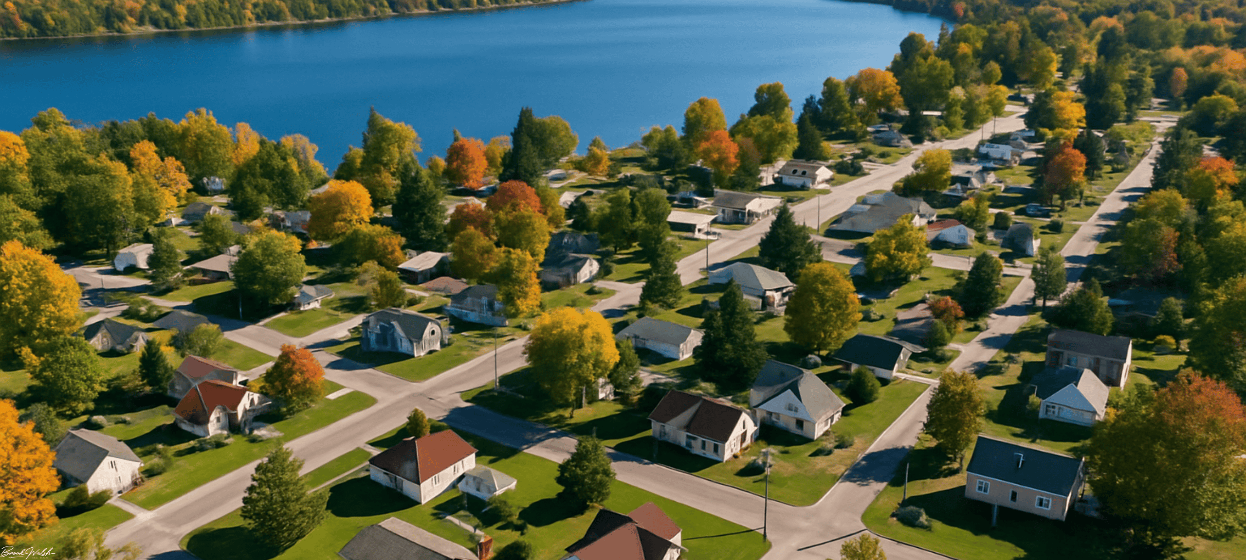 Aerial view of Lewiston, MI downtown homes near East Twin Lake