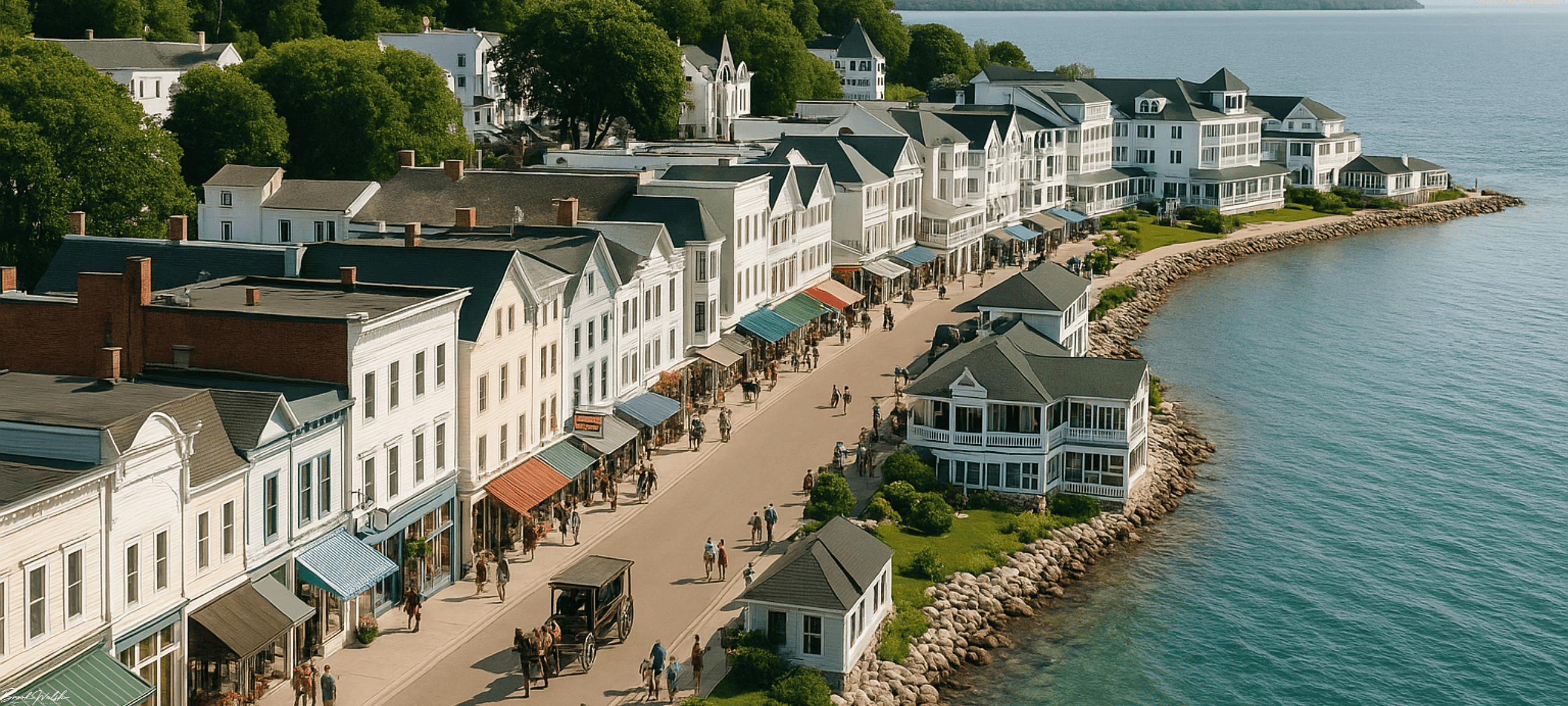 Aerial view of Mackinac Island’s historic Main Street commercial district with shops and waterfront hotels.