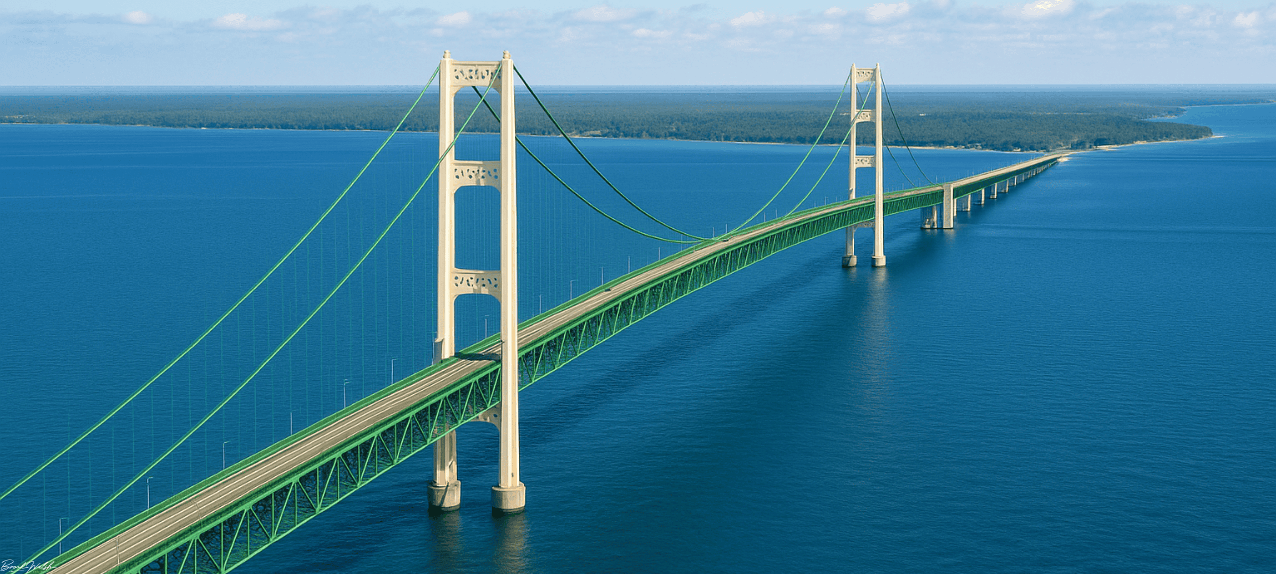 Aerial view of the Mackinaw Bridge spanning the Straits of Mackinac
