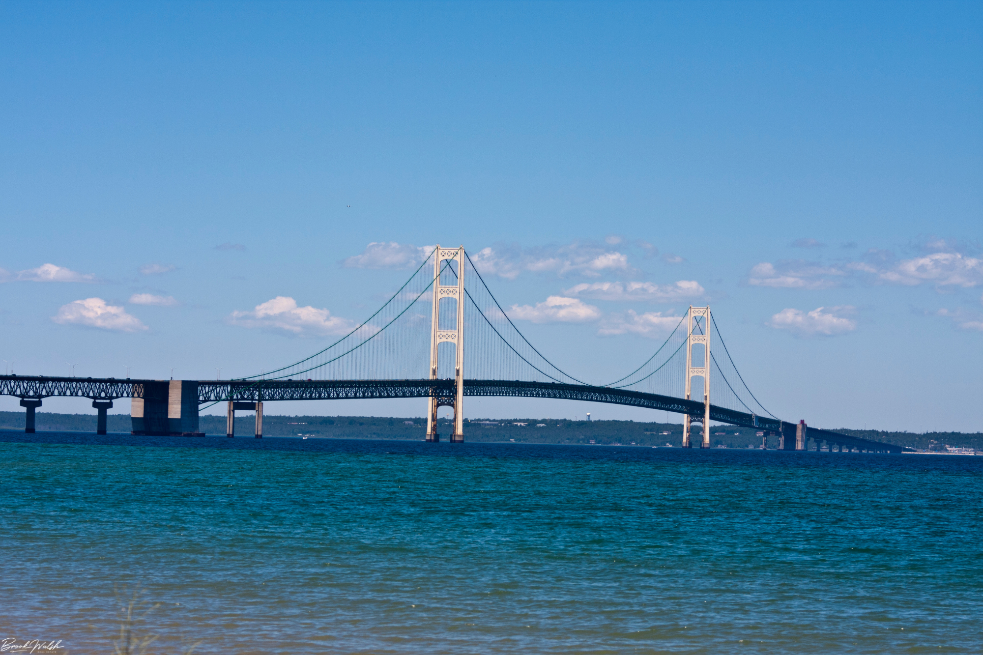 View of Mackinaw City with the iconic Mackinac Bridge in the background.