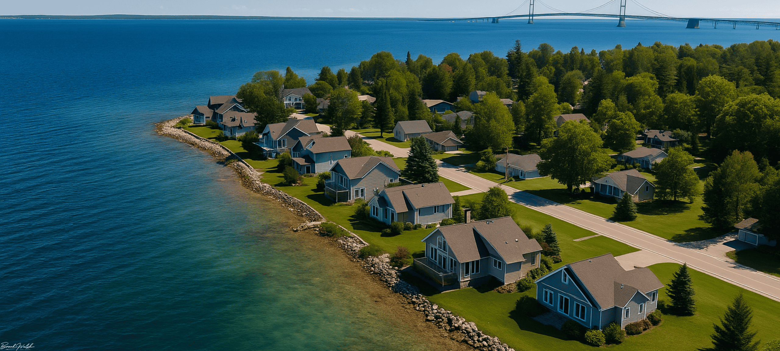 Aerial view of waterfront homes in Mackinaw City, Michigan