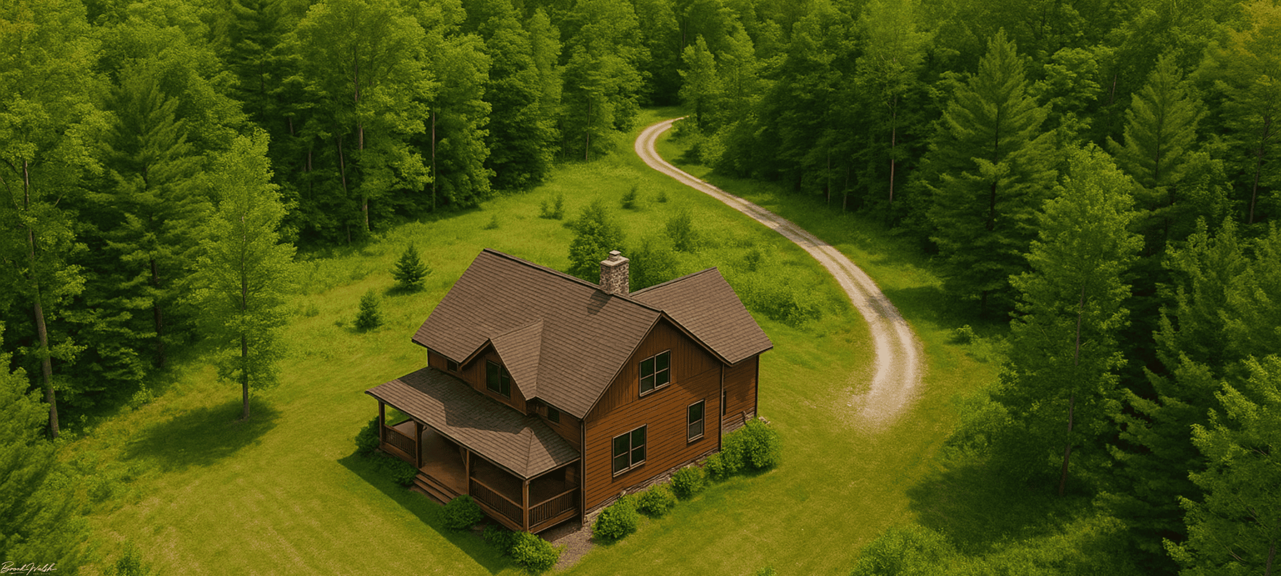 Aerial view of wooded land lover home in Manistee, Michigan