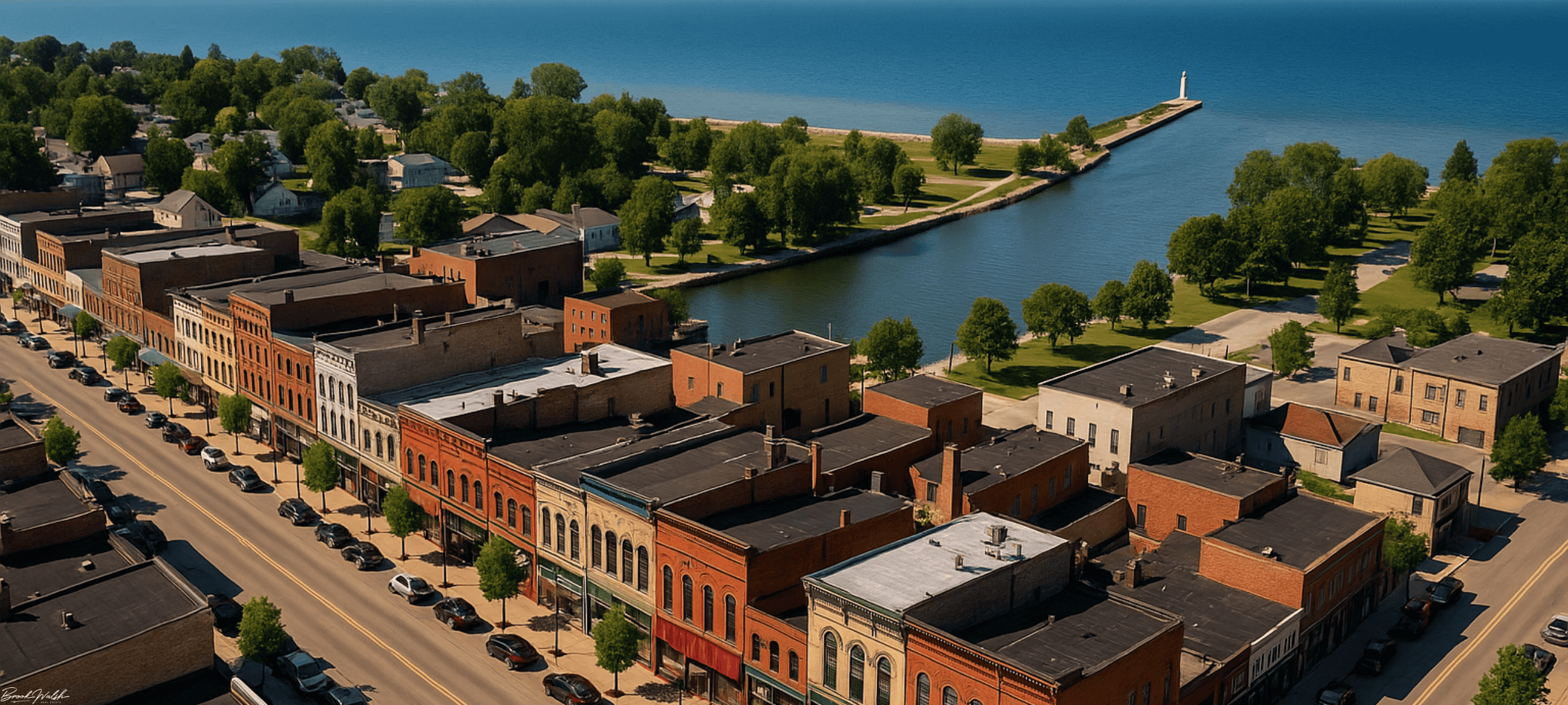 Aerial view of Manistee downtown commercial buildings along Lake Michigan.