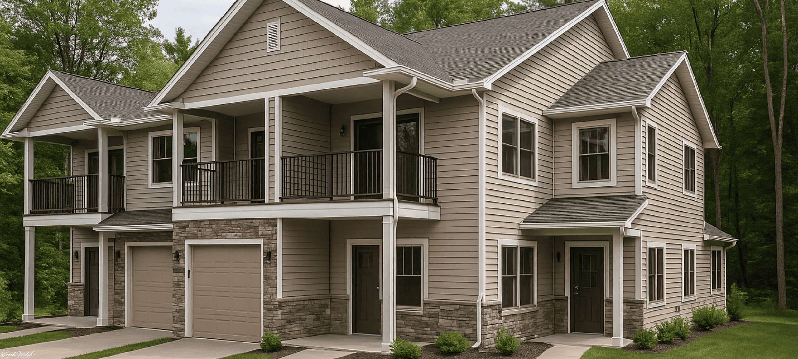 Modern condo exterior in Manton, MI surrounded by trees