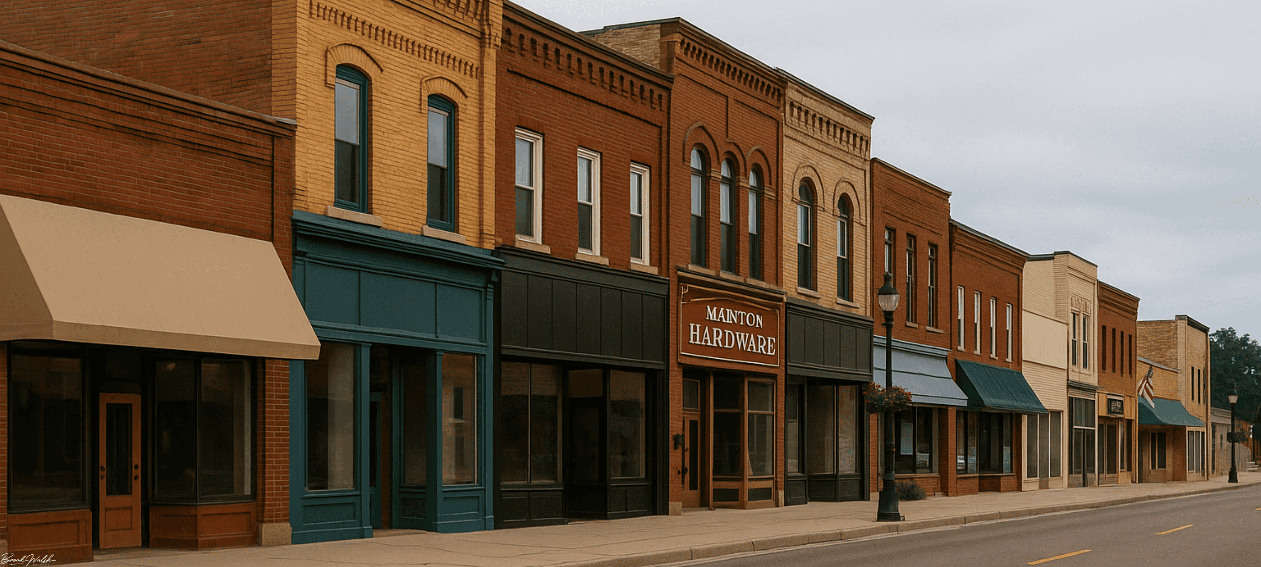 Downtown Manton, MI commercial street with storefronts and signage for sale and lease opportunities