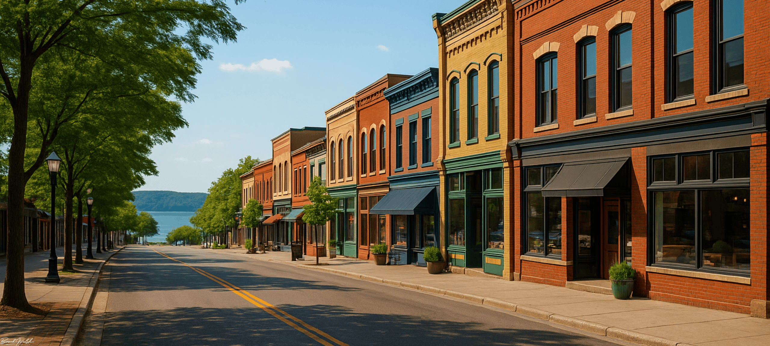 Downtown Maple City commercial buildings along a tree-lined street with lake-view backdrop