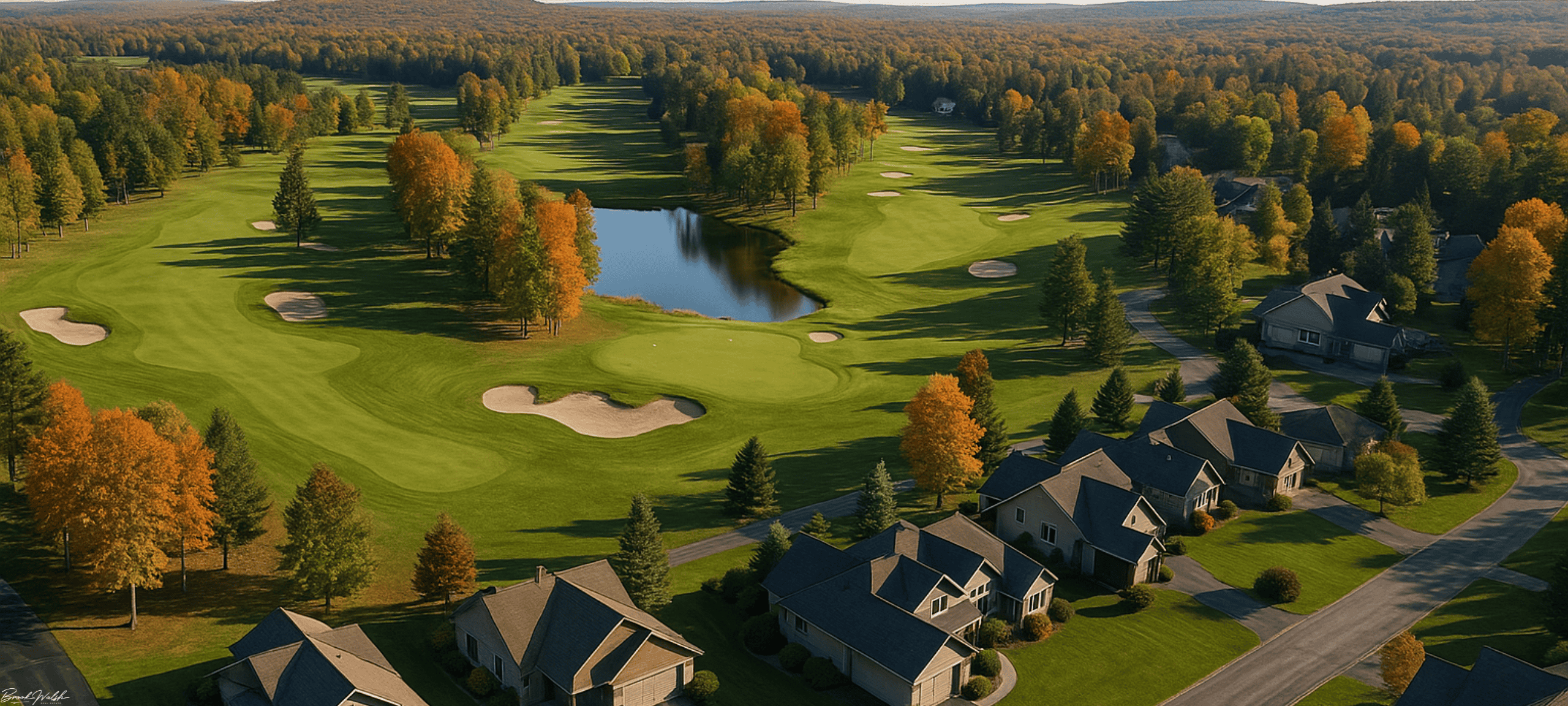 Aerial view of Michaywe golf course surrounded by homes in Gaylord, MI