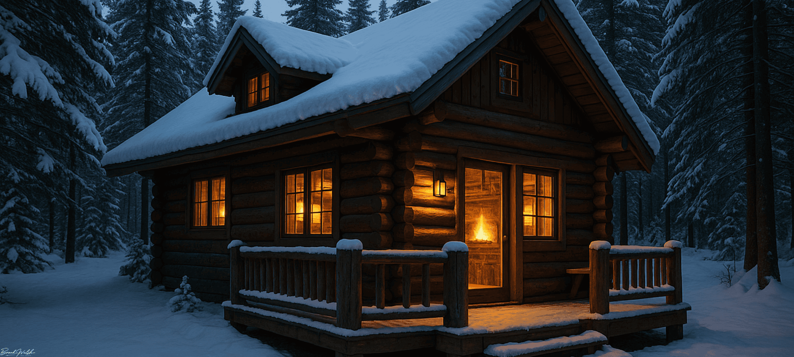 Cozy mountain cabin at Boyne Mountain Resort with a snow-covered deck, lit fireplace, and surrounding pine trees.