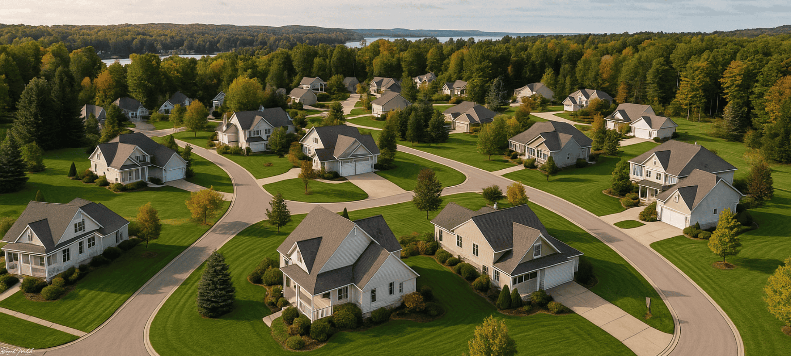Aerial view of homes in Mystic Village, Charlevoix, Michigan