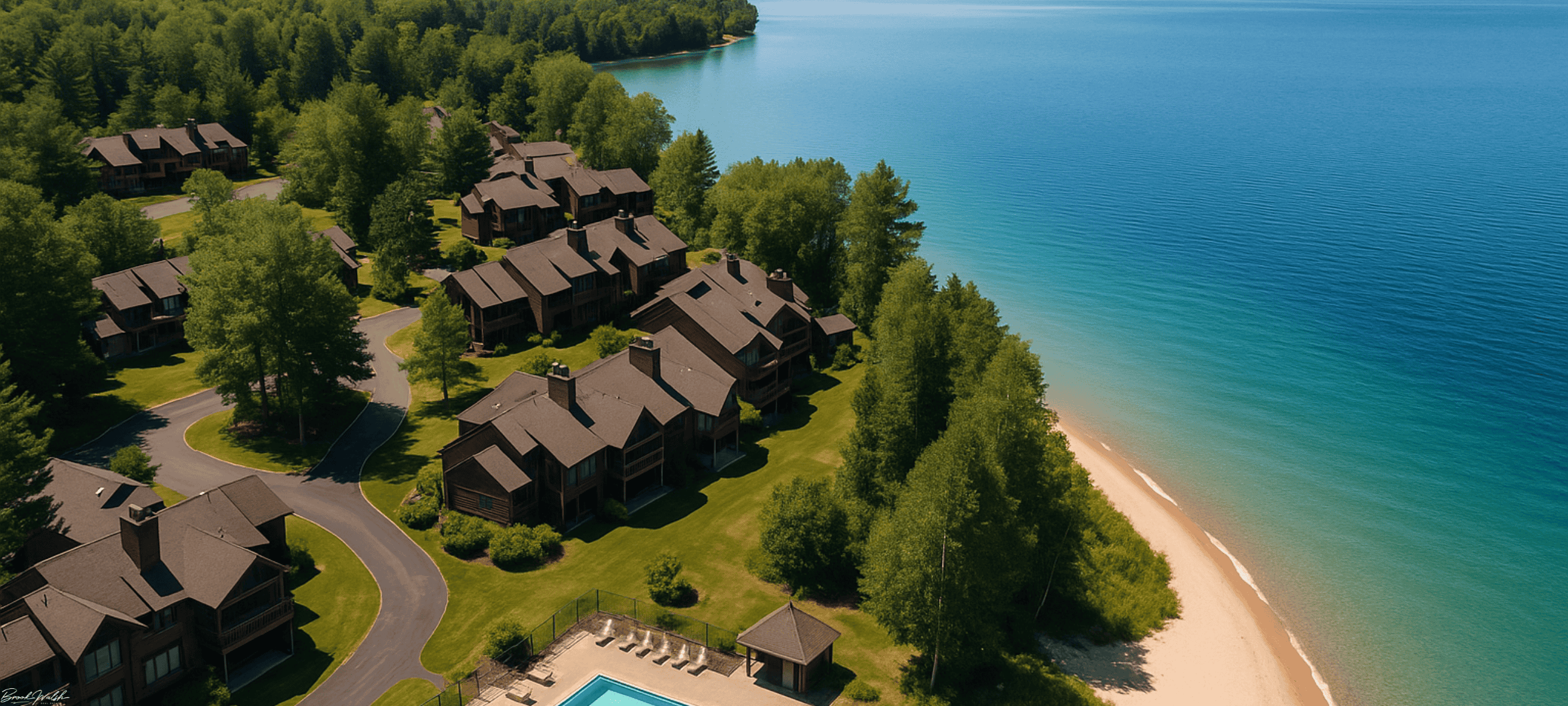 Aerial view of Harbor Cove Condominiums near Lake Michigan