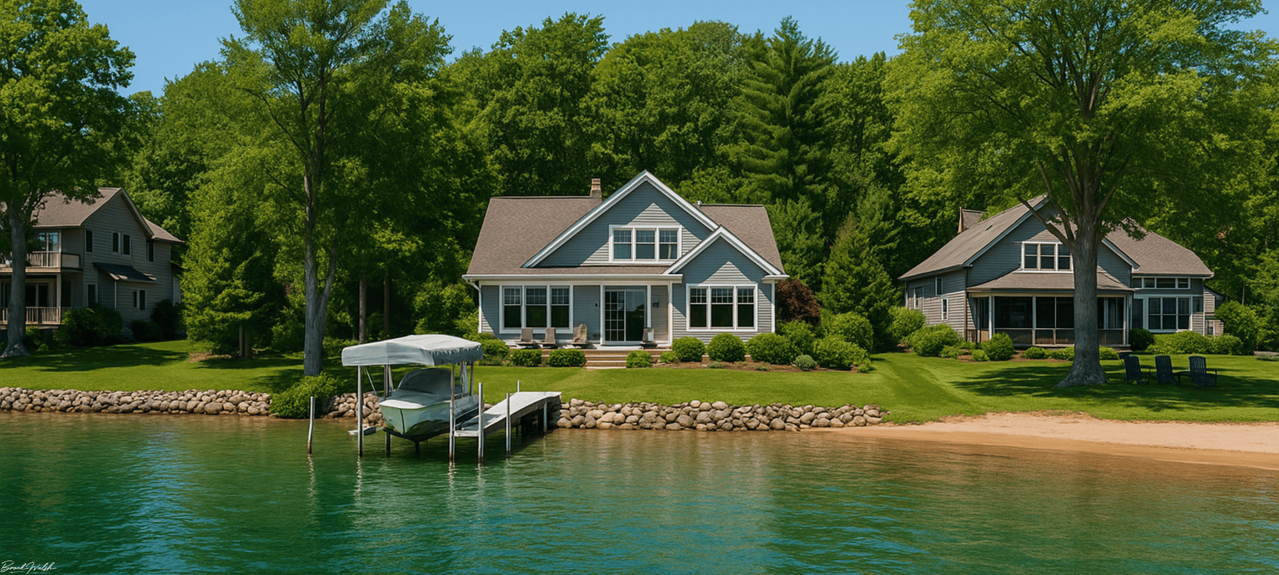 Lakefront homes in Nine Mile Pointe, Charlevoix MI with scenic views and private docks