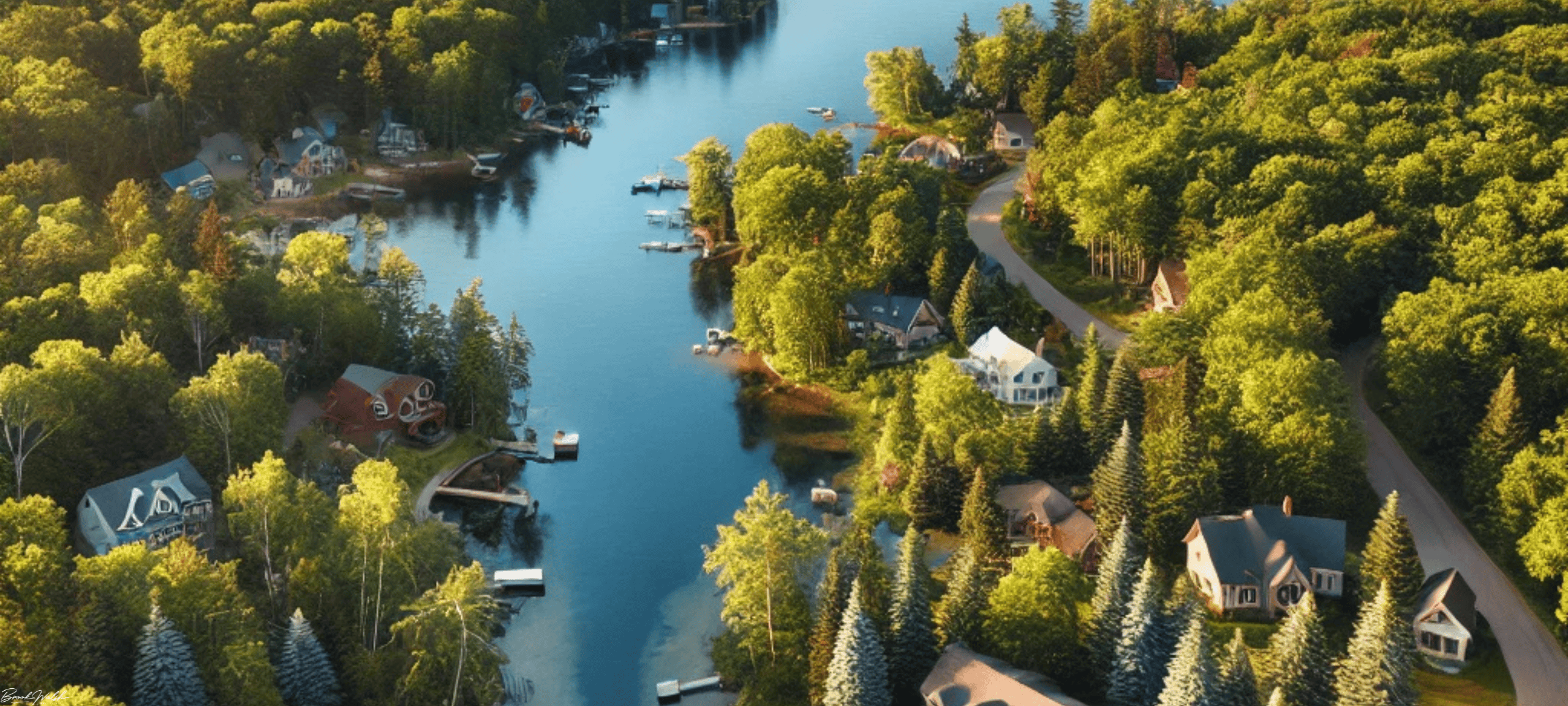 Aerial view of Northern Michigan lakefront homes with scenic shoreline