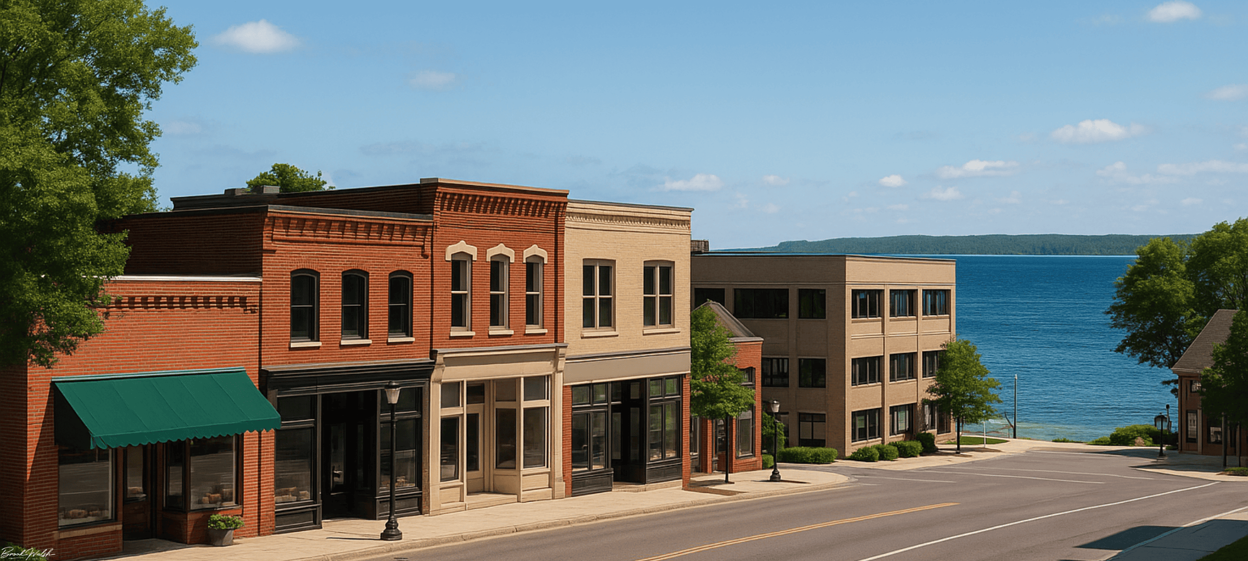 Downtown Northport, MI commercial district overlooking Lake Michigan with retail storefronts and office buildings.