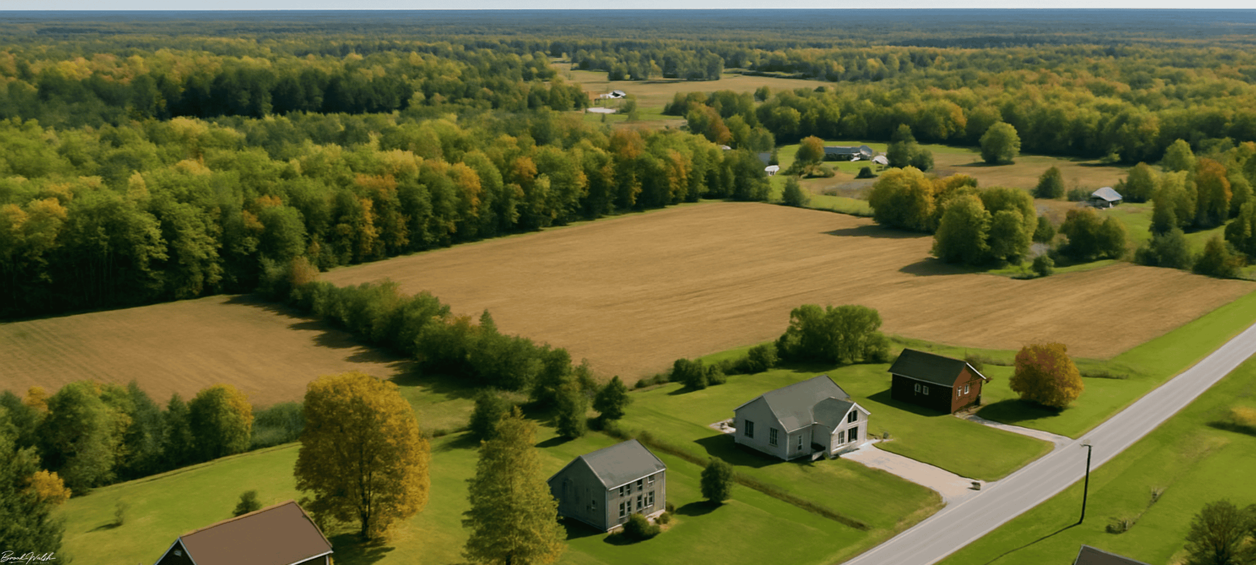 Aerial view of rural land and homes for sale in Onaway, Michigan with forest and fields.