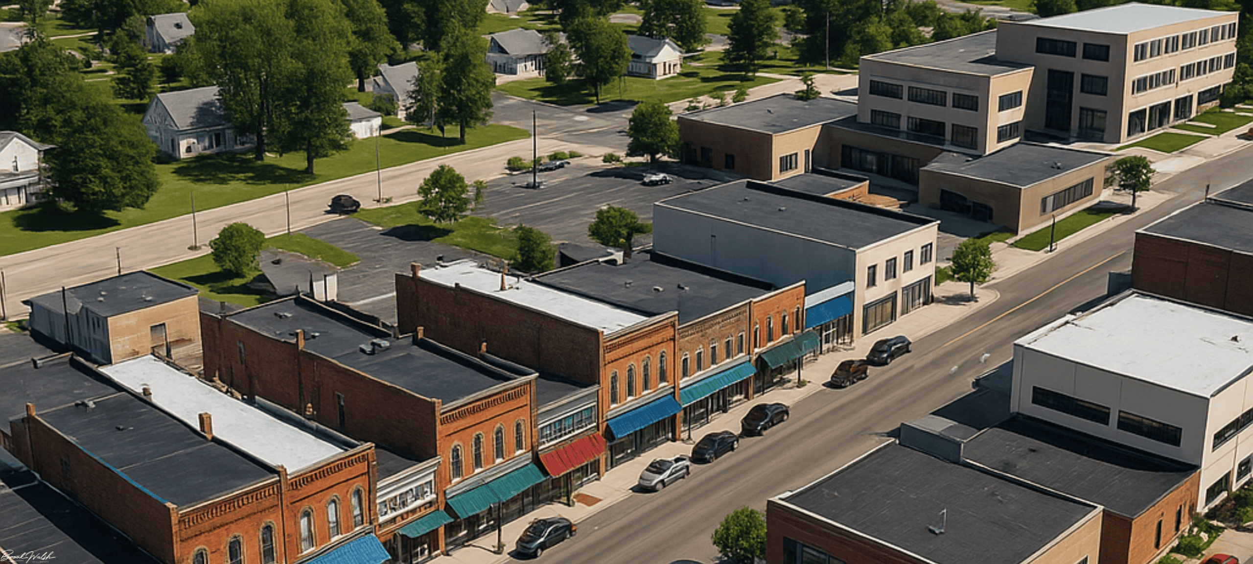 Aerial view of Onaway, MI downtown commercial district featuring historic storefronts and modern office buildings.