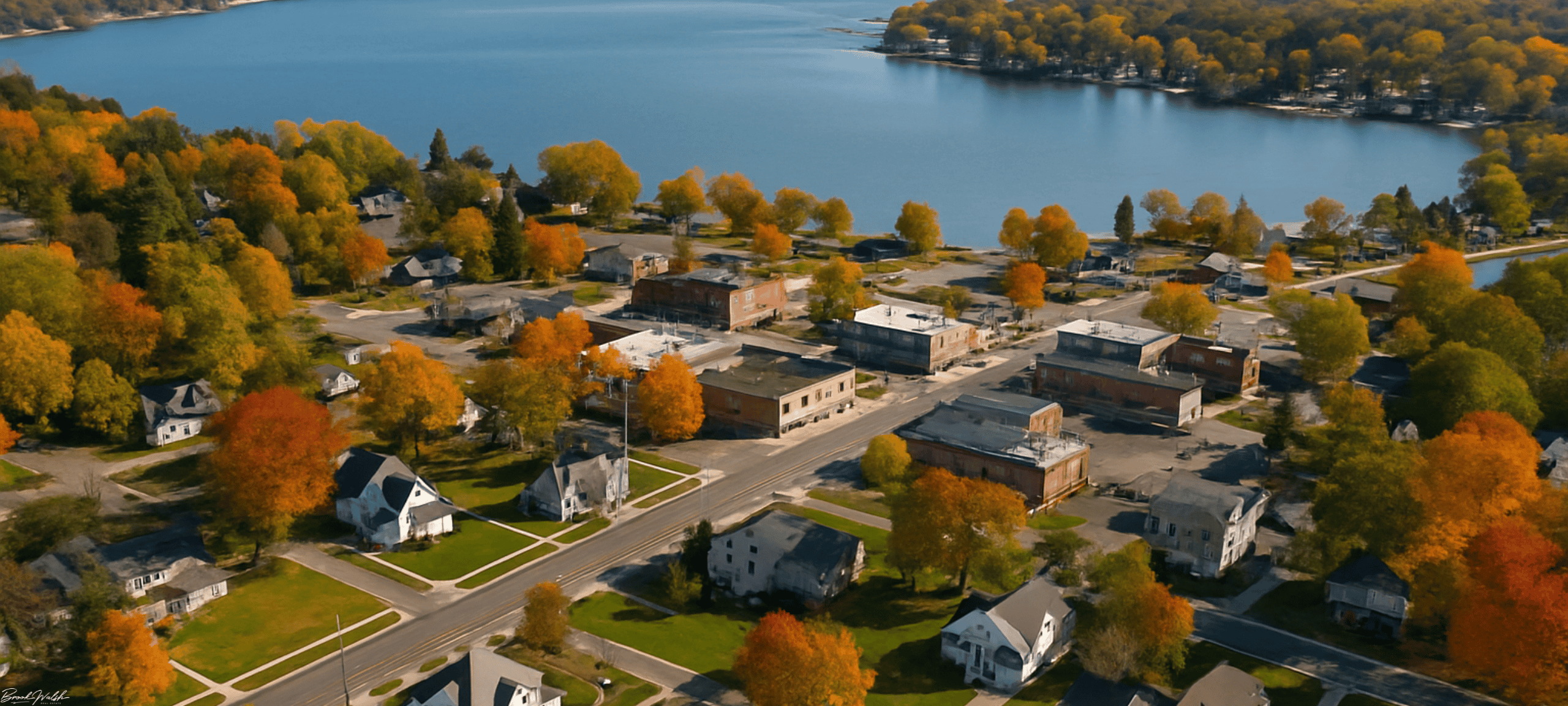 Aerial view of downtown Onekama, MI near Portage Lake