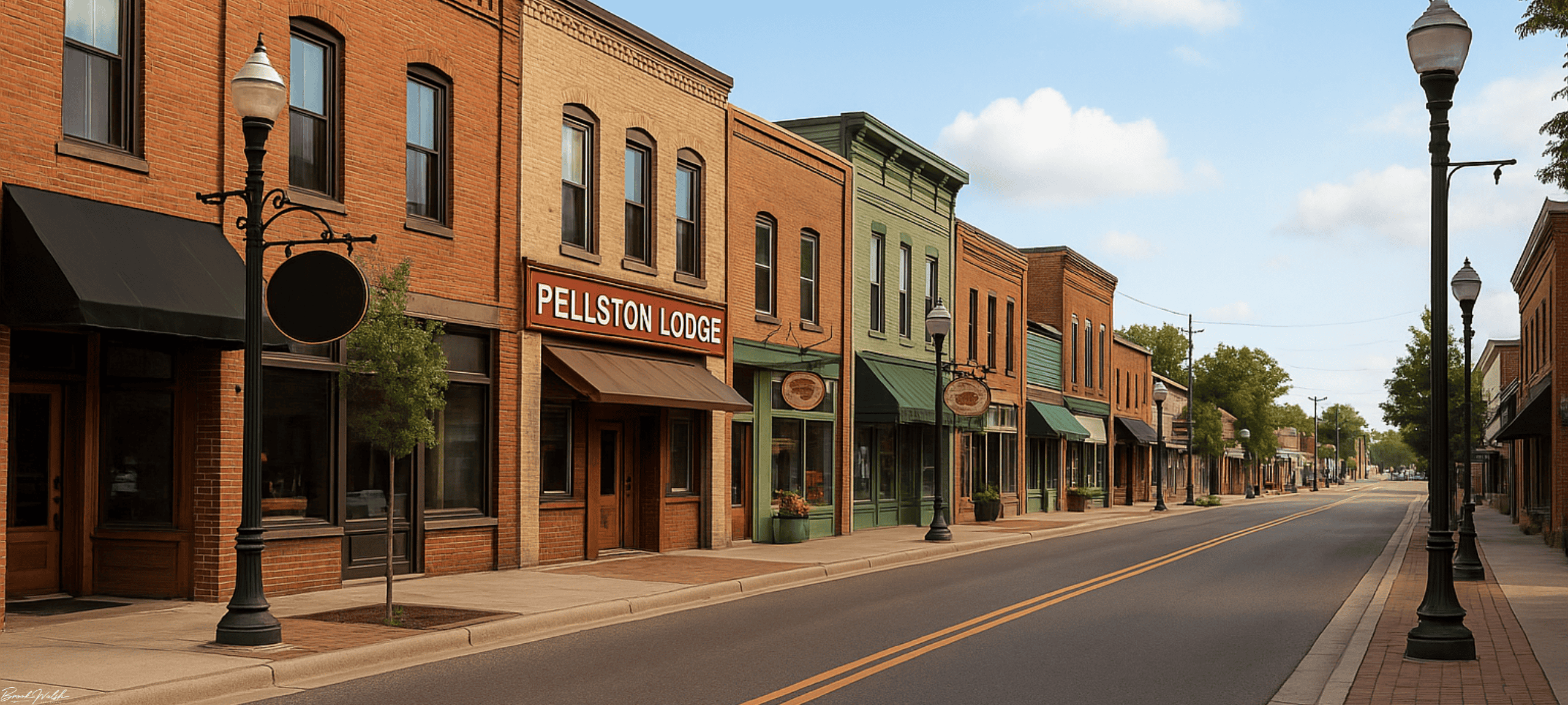 Downtown Pellston, Michigan with commercial buildings and signage along a pedestrian-friendly street.