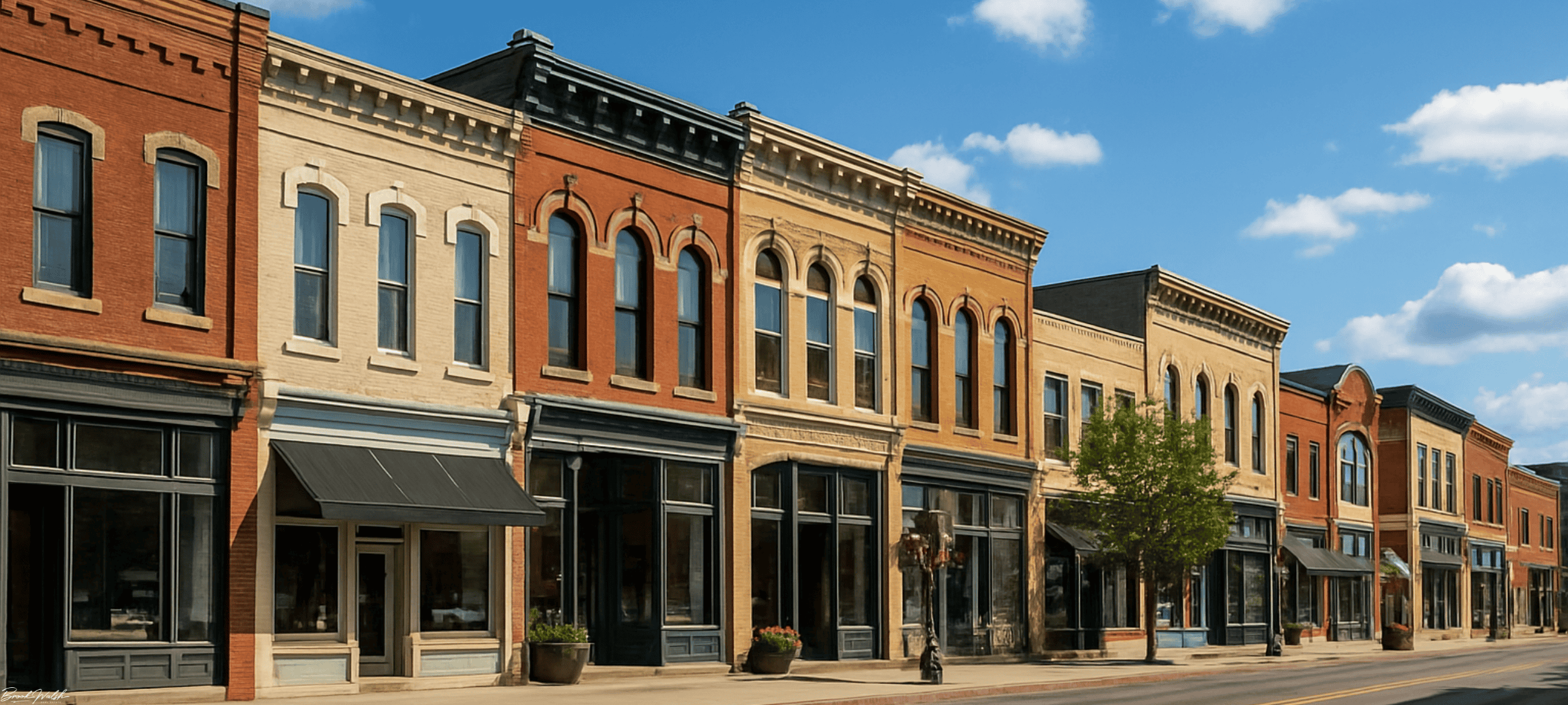 Downtown Petoskey commercial buildings lining the street under a bright sky