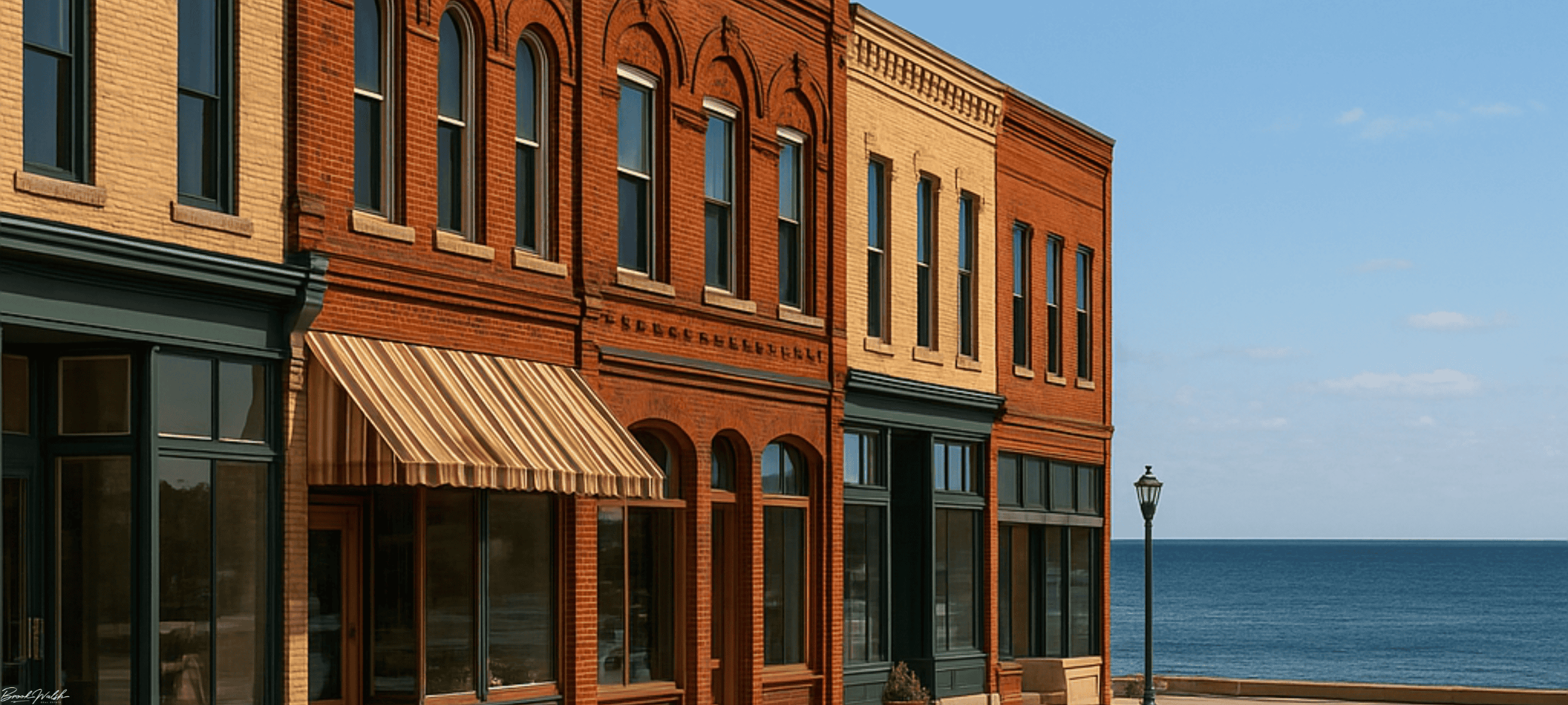 Downtown Rogers City commercial building with storefronts overlooking Lake Huron
