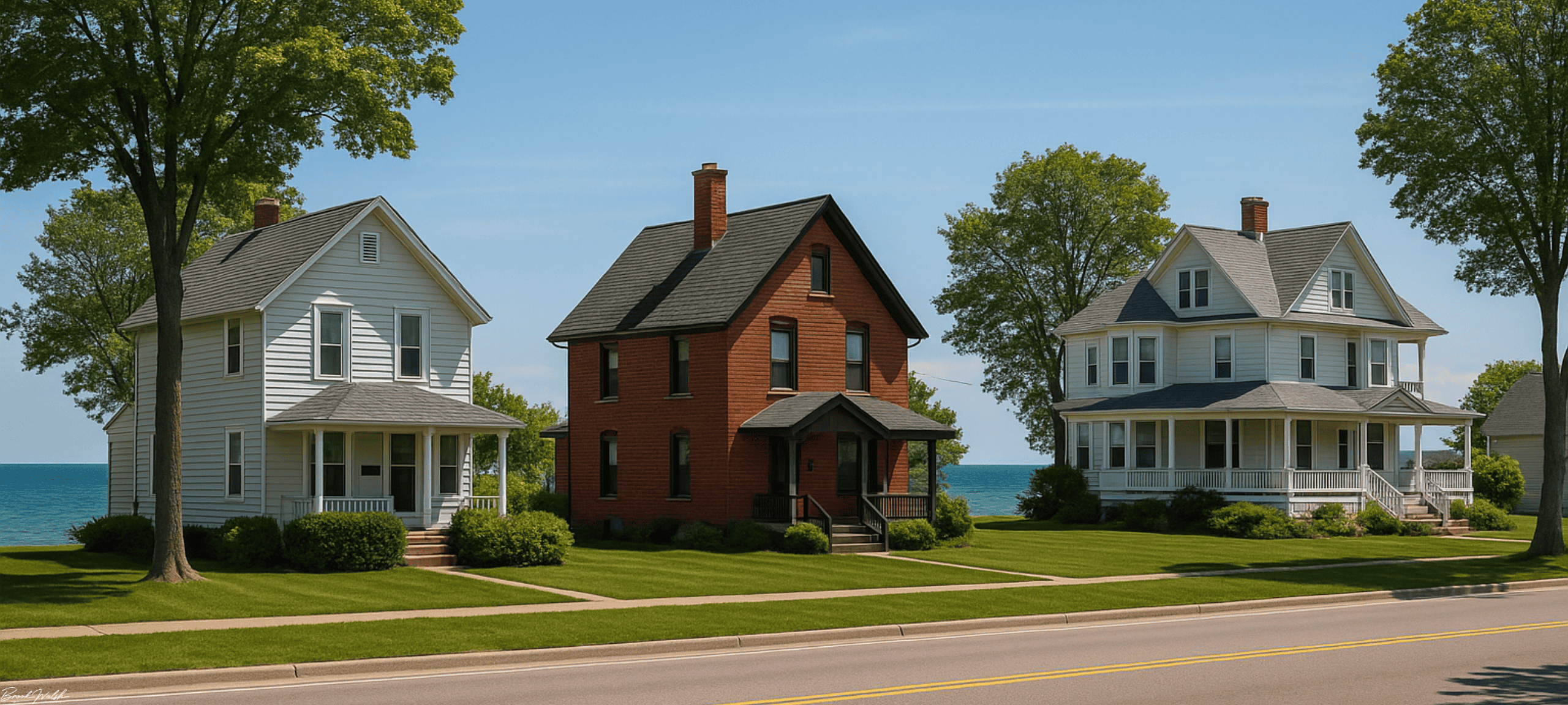 A scenic view of downtown Rogers City homes near Lake Huron
