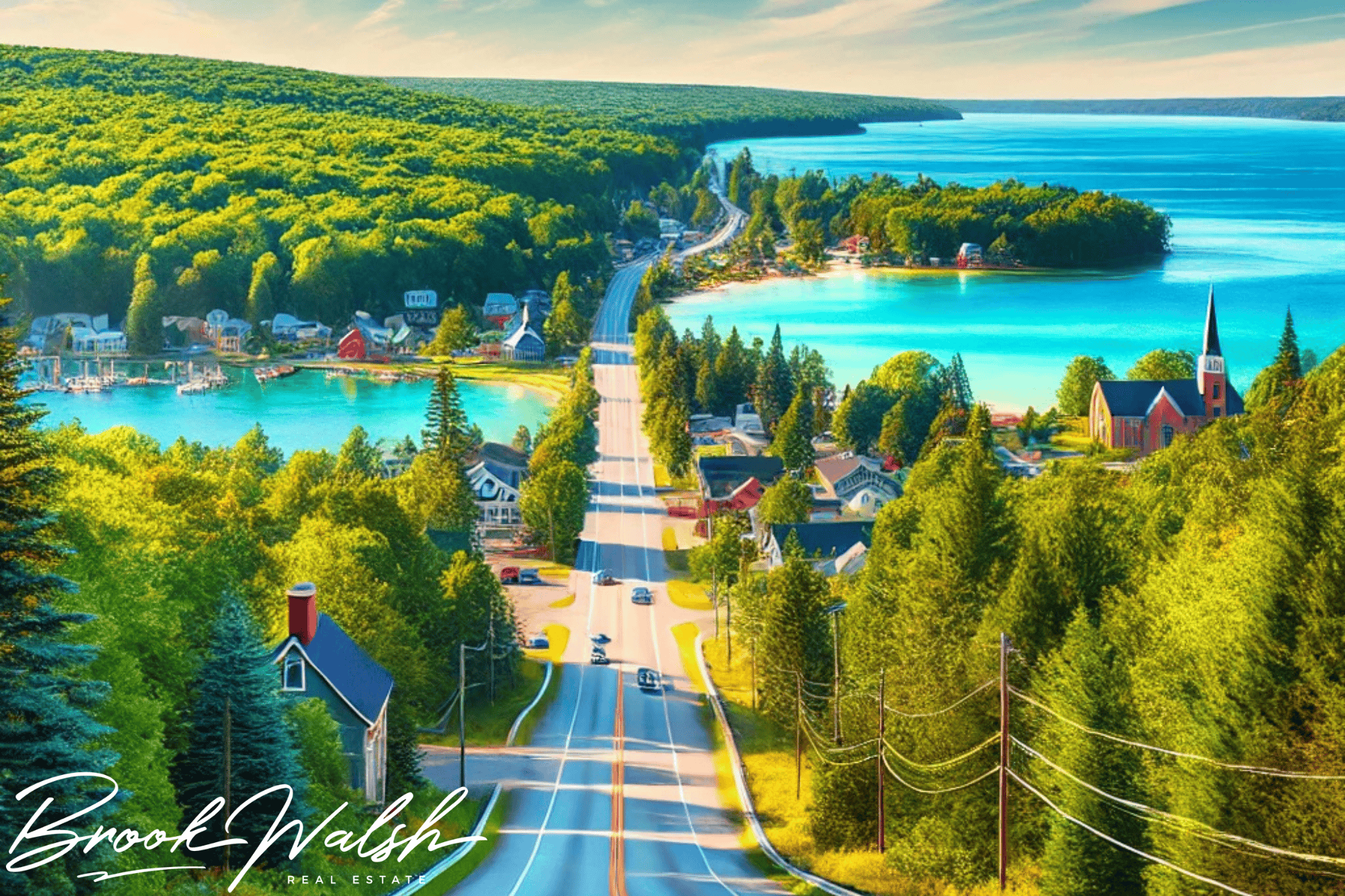 Scenic view of a winding road between Walloon Lake and Traverse City in Michigan