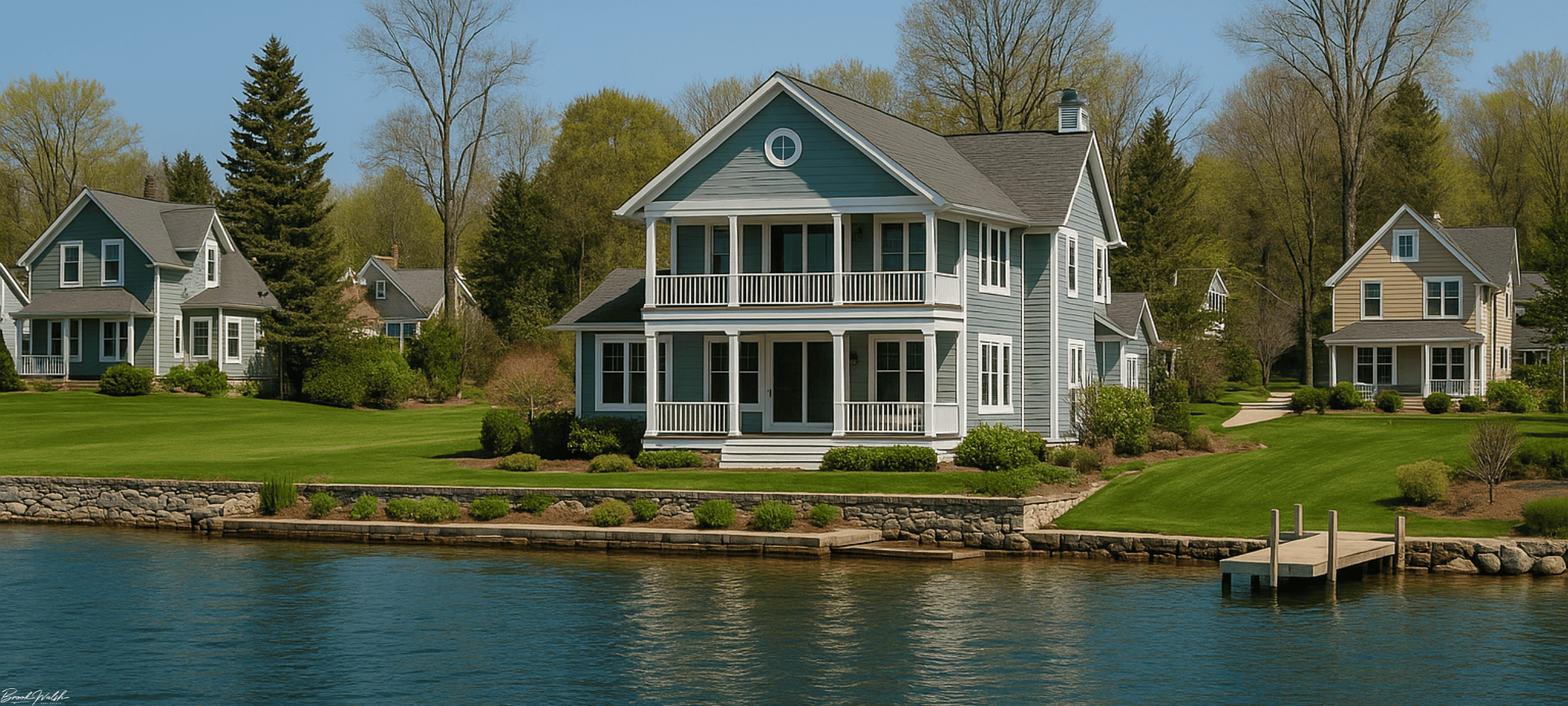Beautiful waterfront homes in Suttons Bay, MI overlooking serene waters and lush landscapes.